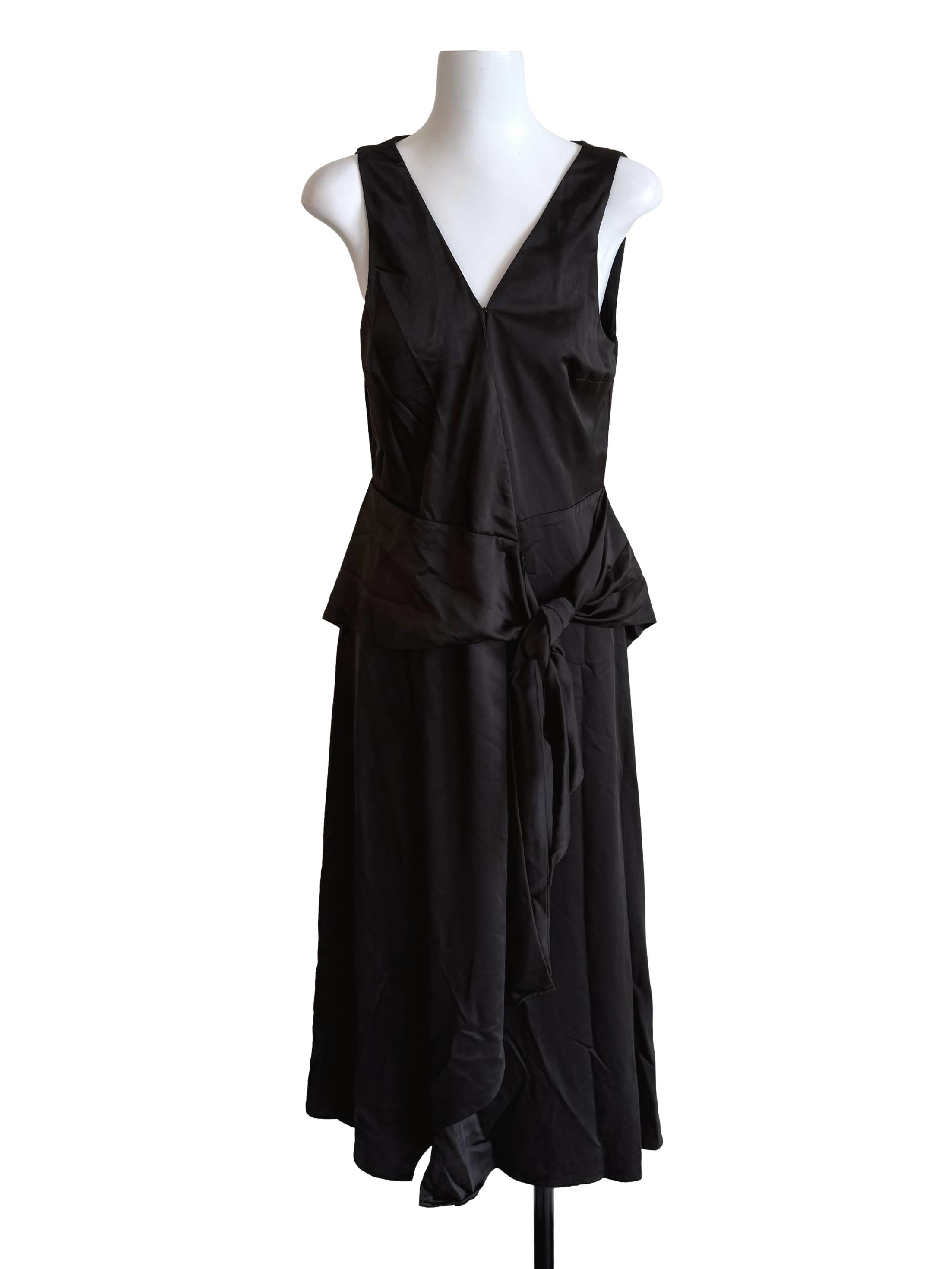 Black Satin Tie Bow Wrap Dress