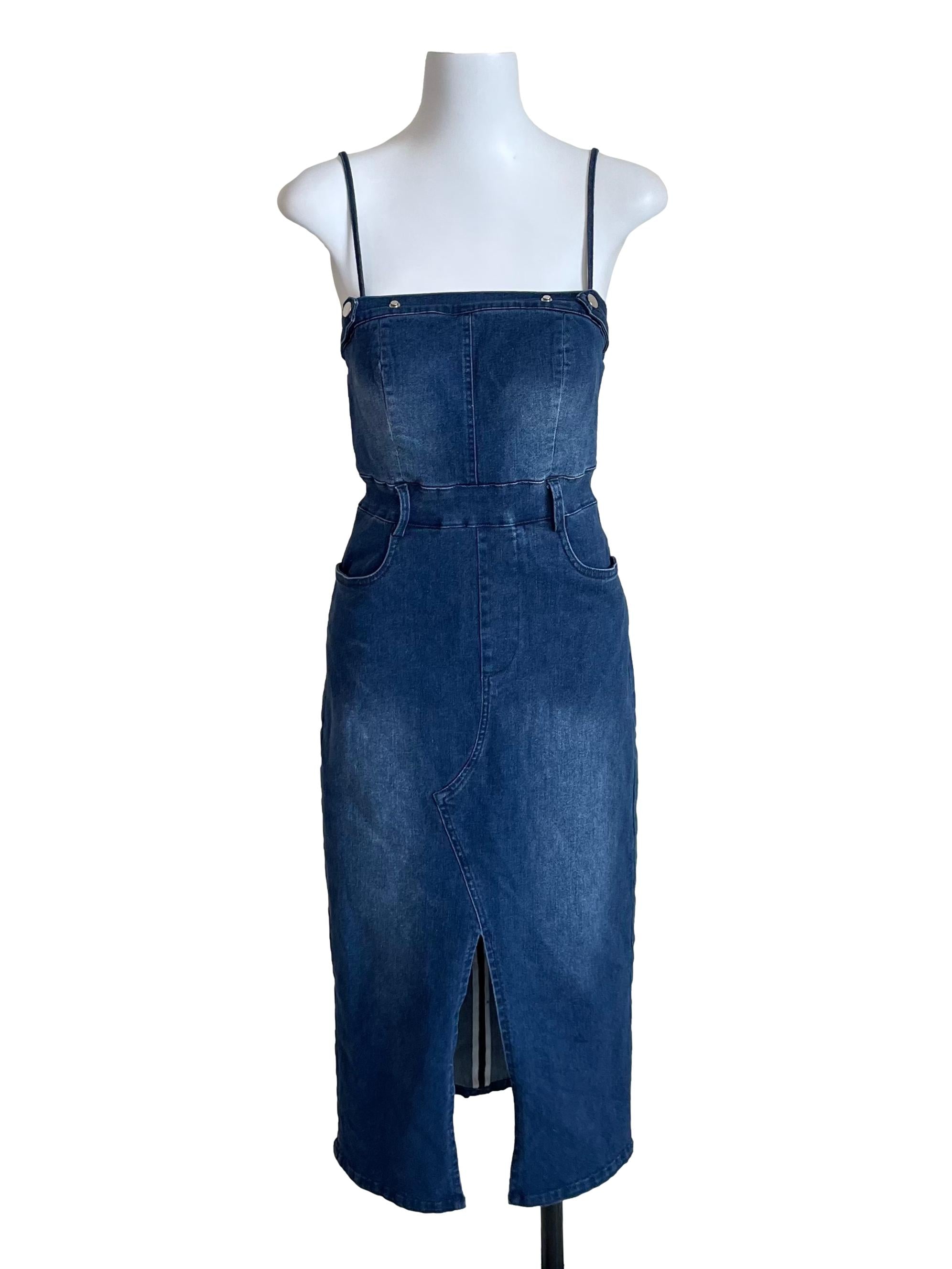 Blue Denim Slit Sheath Dress