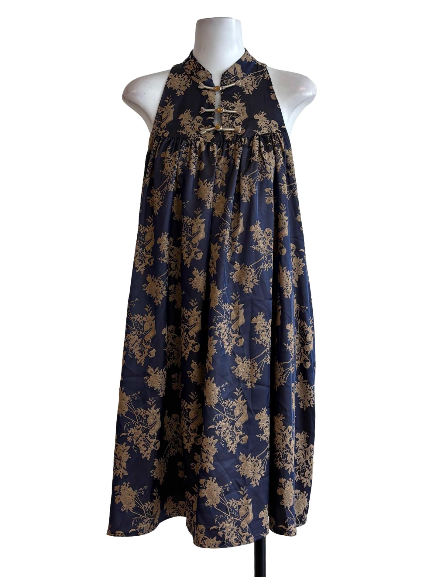 Blue And Brown Flowers Sleeveless Dress