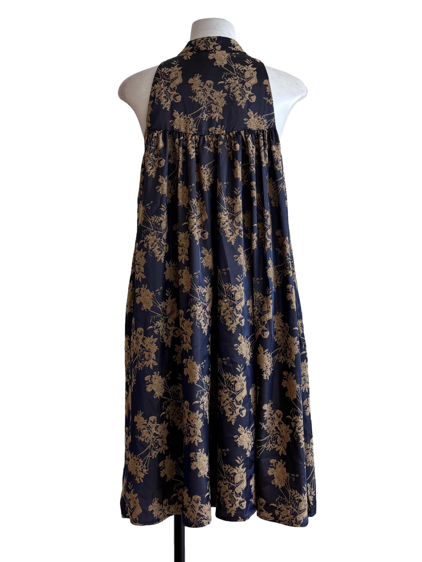 Blue And Brown Flowers Sleeveless Dress