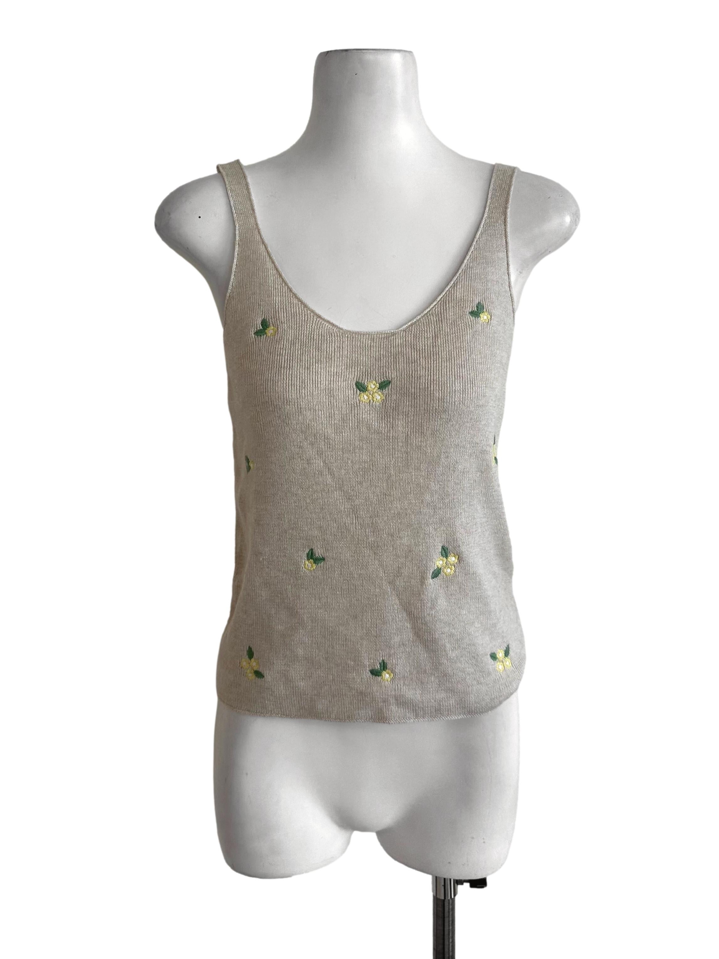 Sand Beige Embroidery V Neck Top LB