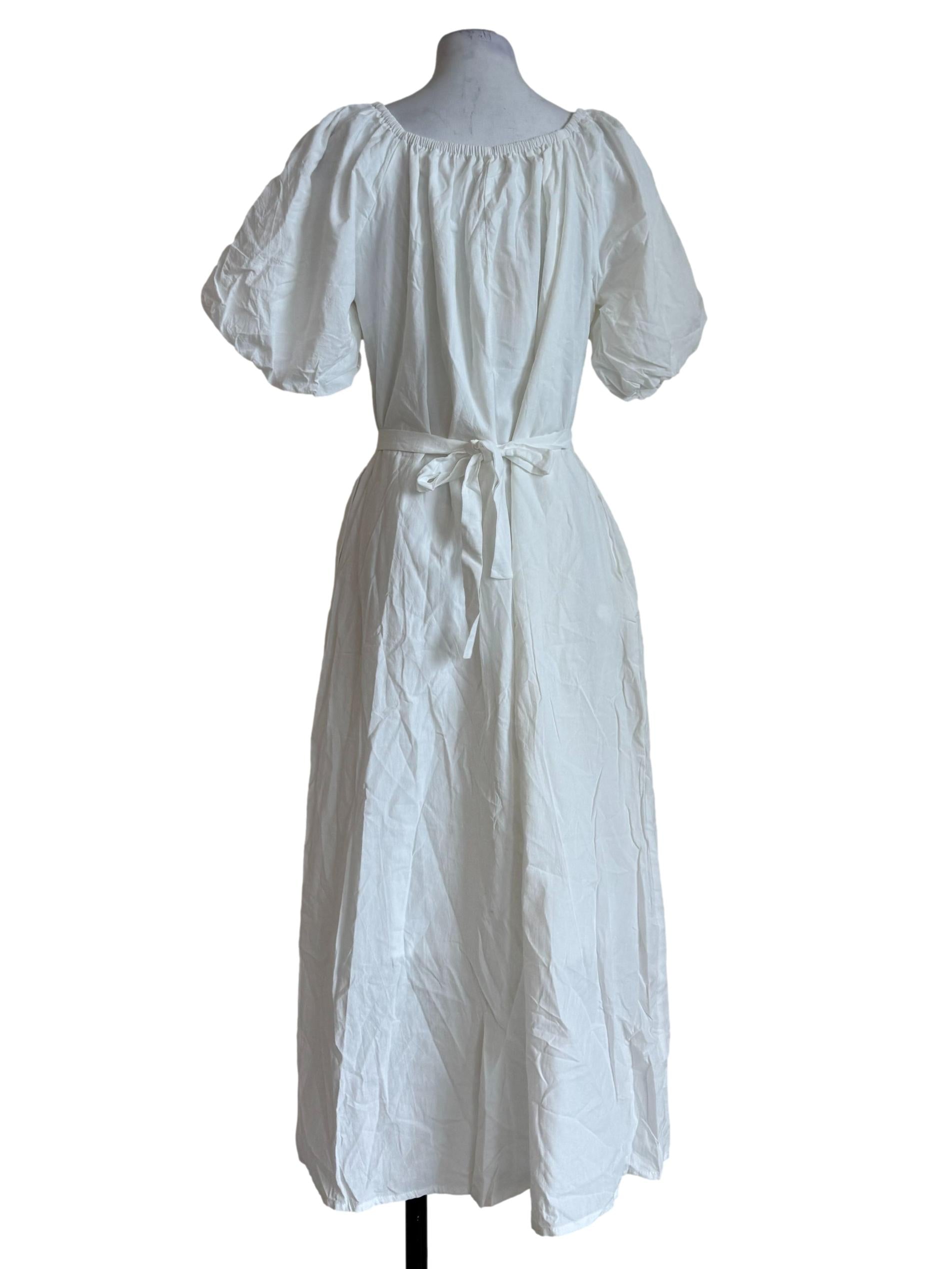 Cotton White Bubble Sleeve A-Line Dress