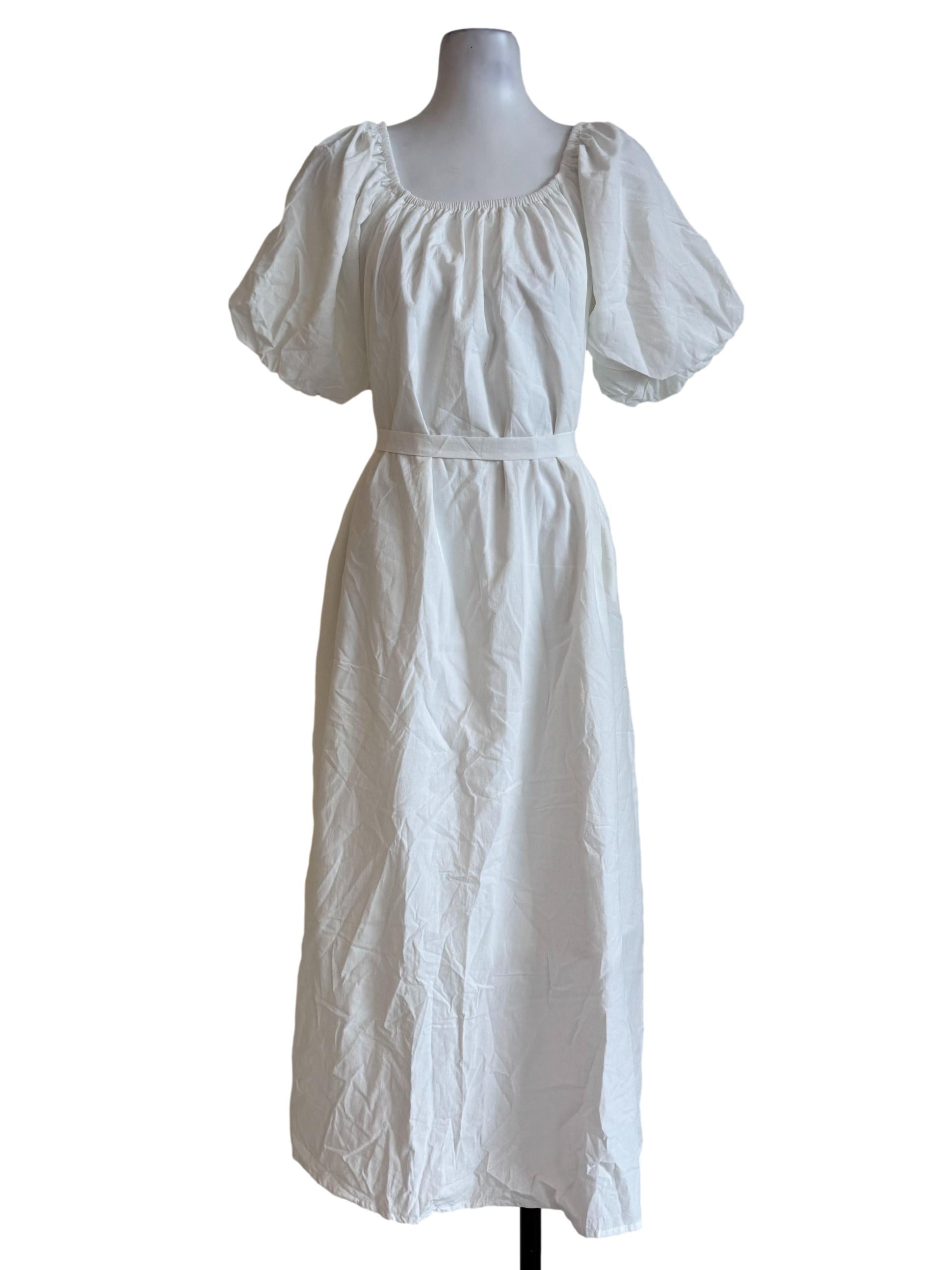 Cotton White Bubble Sleeve A-Line Dress