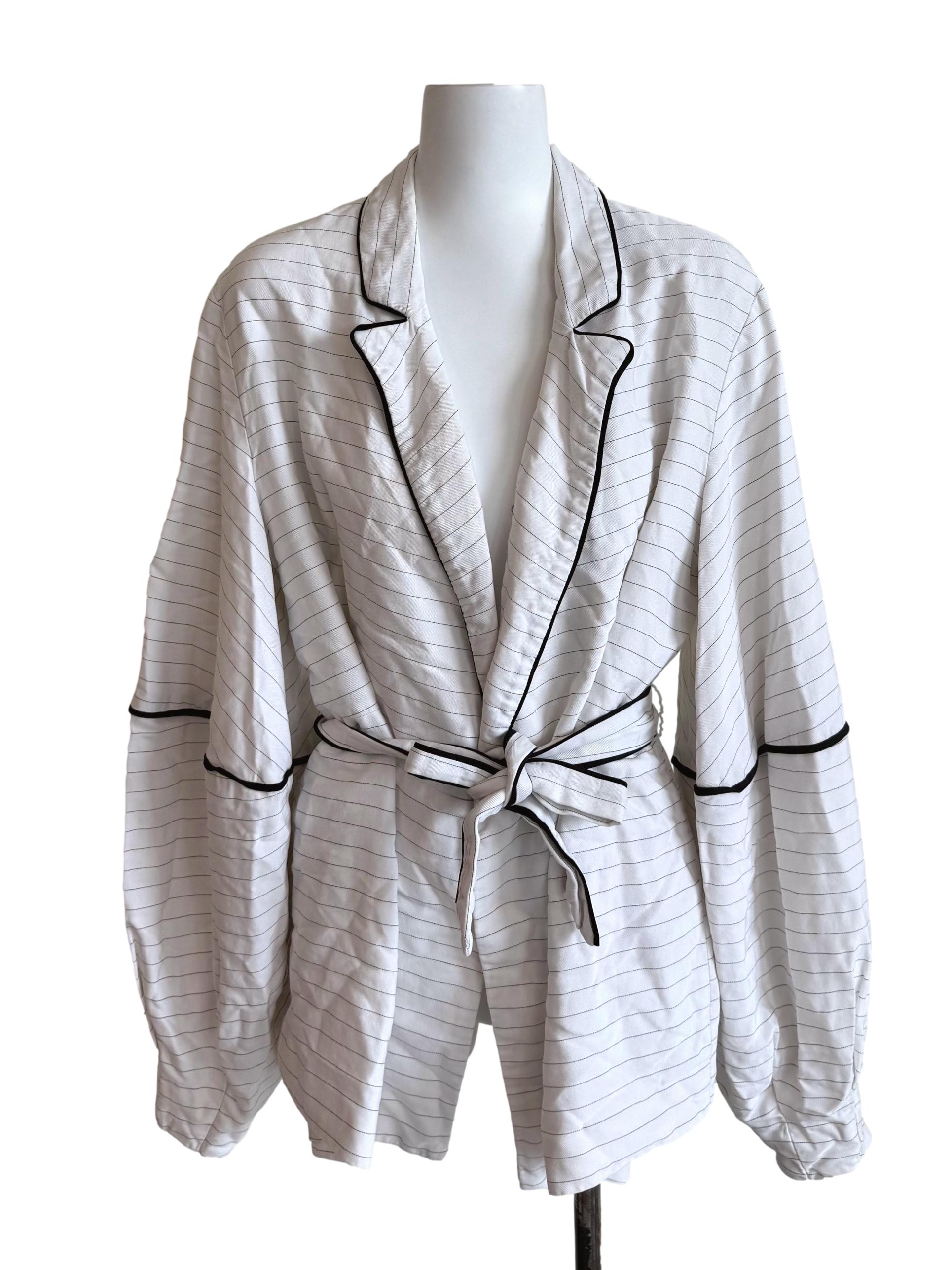 White Pinstripe Bubble Sleeves Open Front Suit