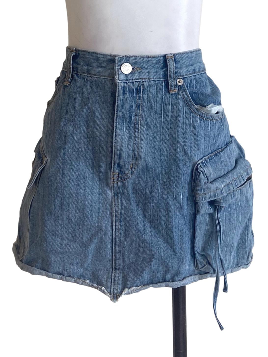 Blue Herringbone Cargo Jeans Skirts