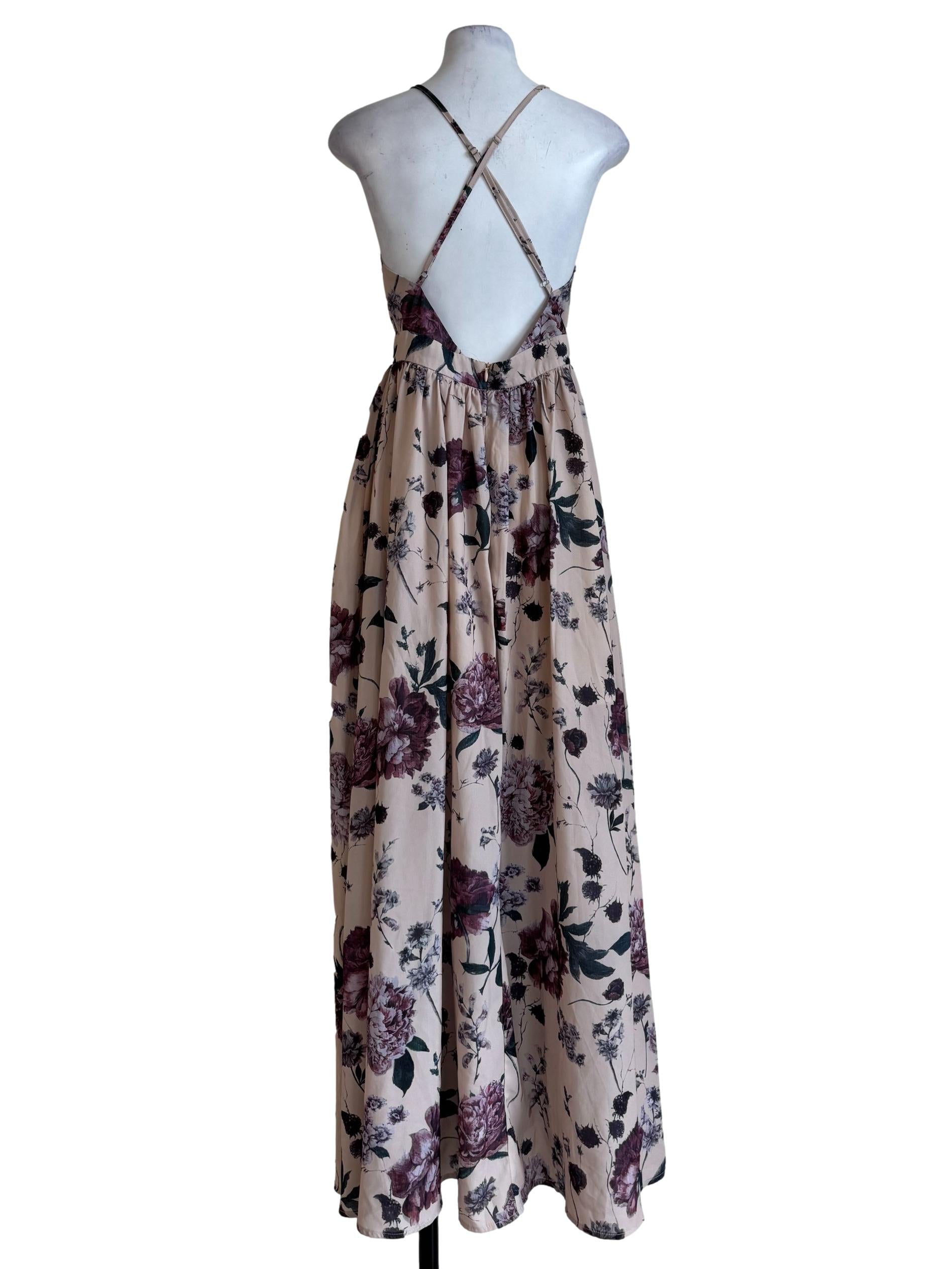 Beige Printed V Neck Dress