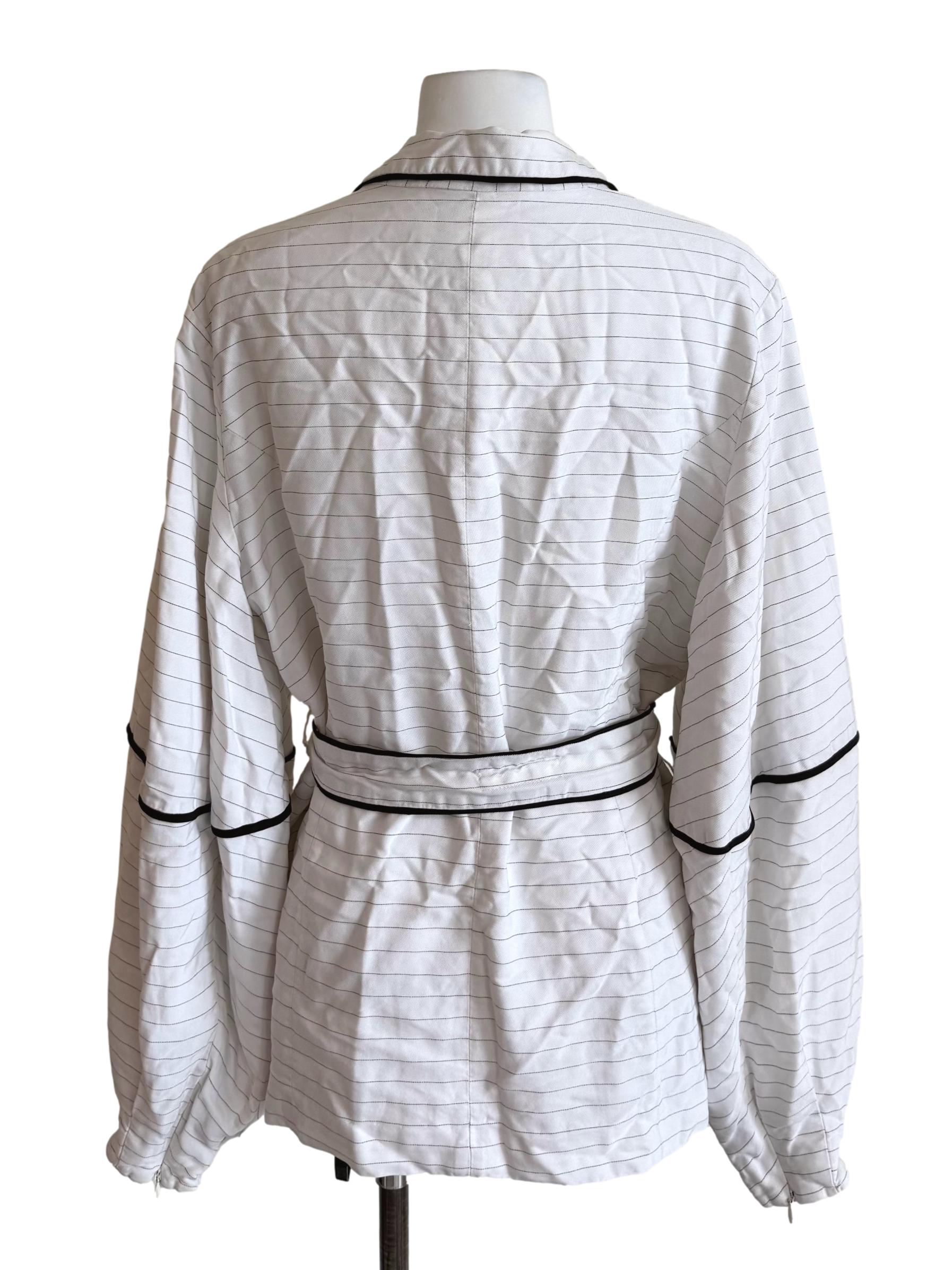 White Pinstripe Bubble Sleeves Open Front Suit
