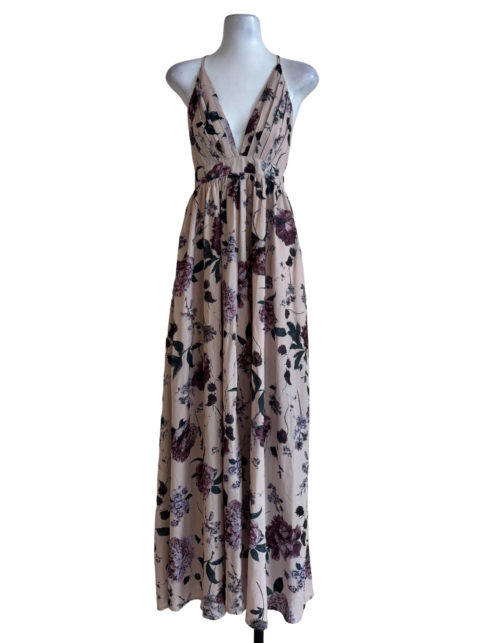 Beige Printed V Neck Dress