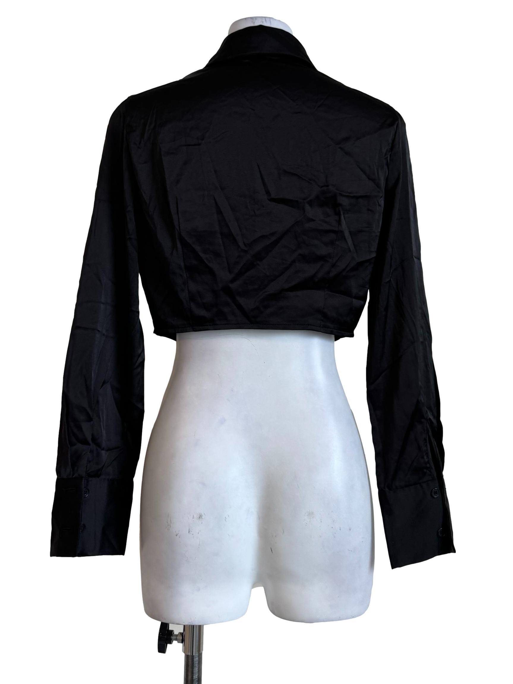 Shiny Black Ribbed Crop Blouse