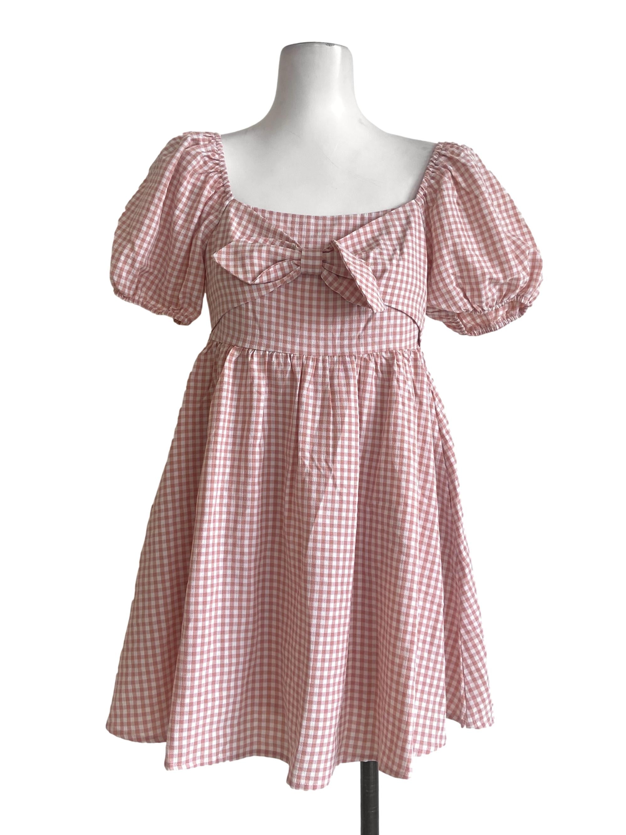 Pink & White Plaid Square Neck A-Line Rompers