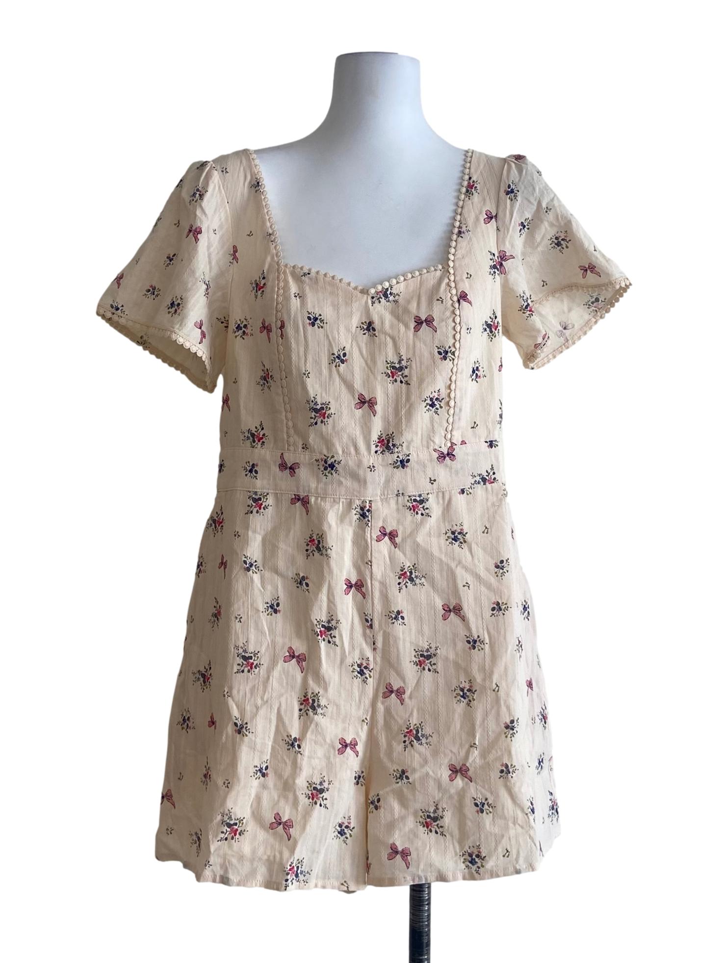 Cream Beige Floral Square Neck Romper