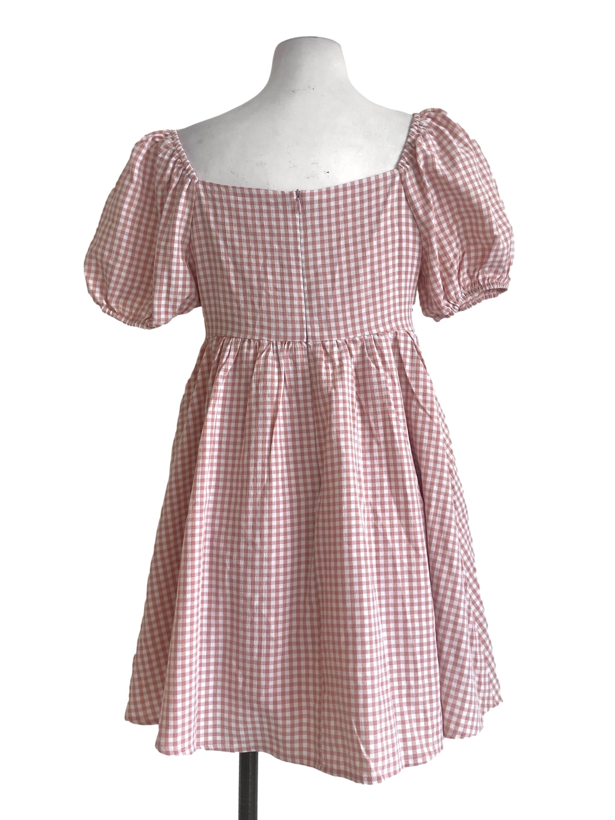 Pink & White Plaid Square Neck A-Line Rompers