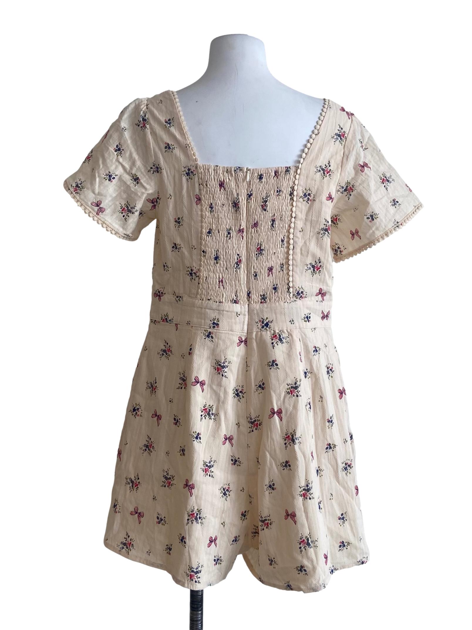 Cream Beige Floral Square Neck Romper