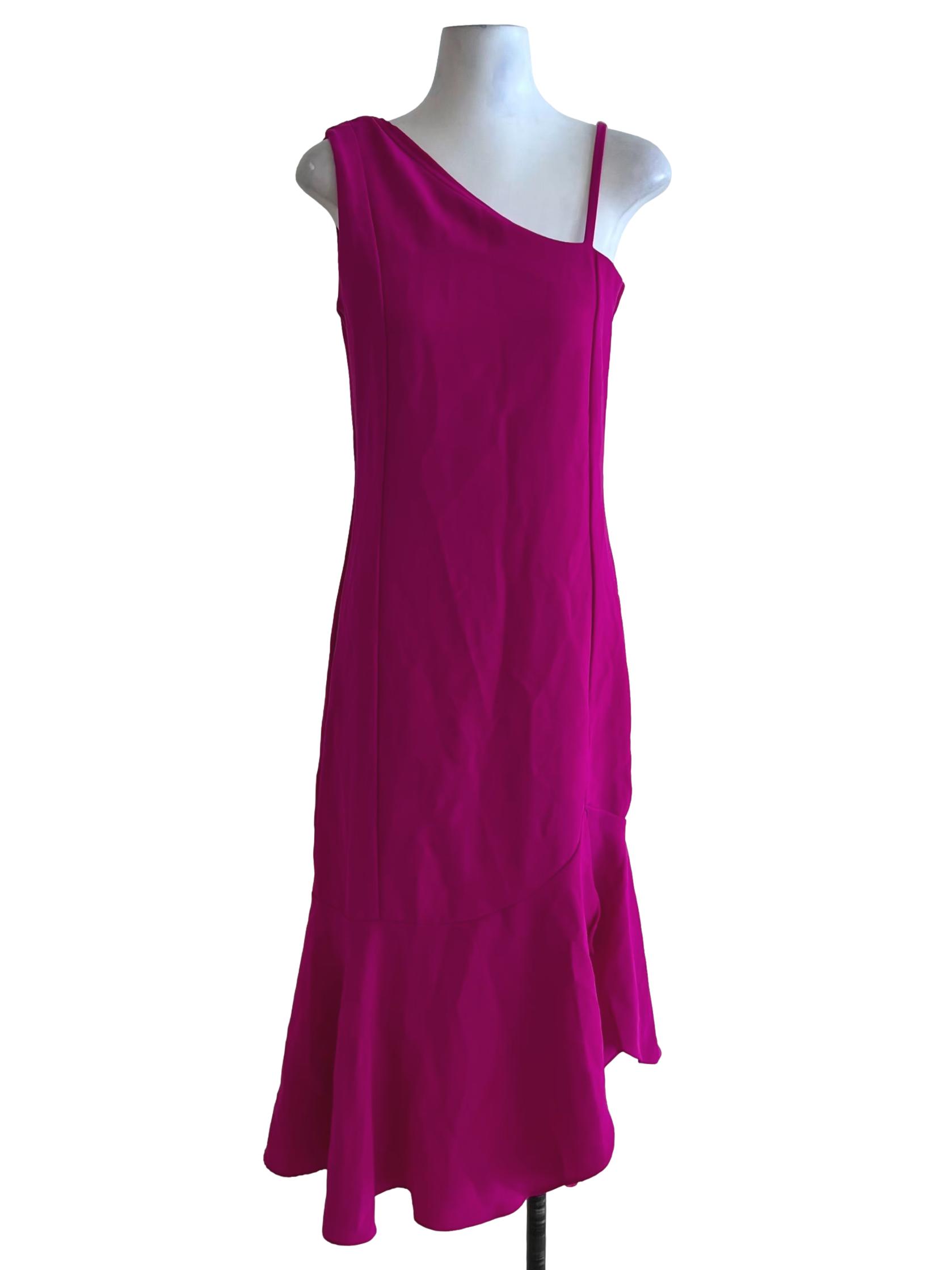 Magenta Pink Asymmetrical Neckline Sheath Dress