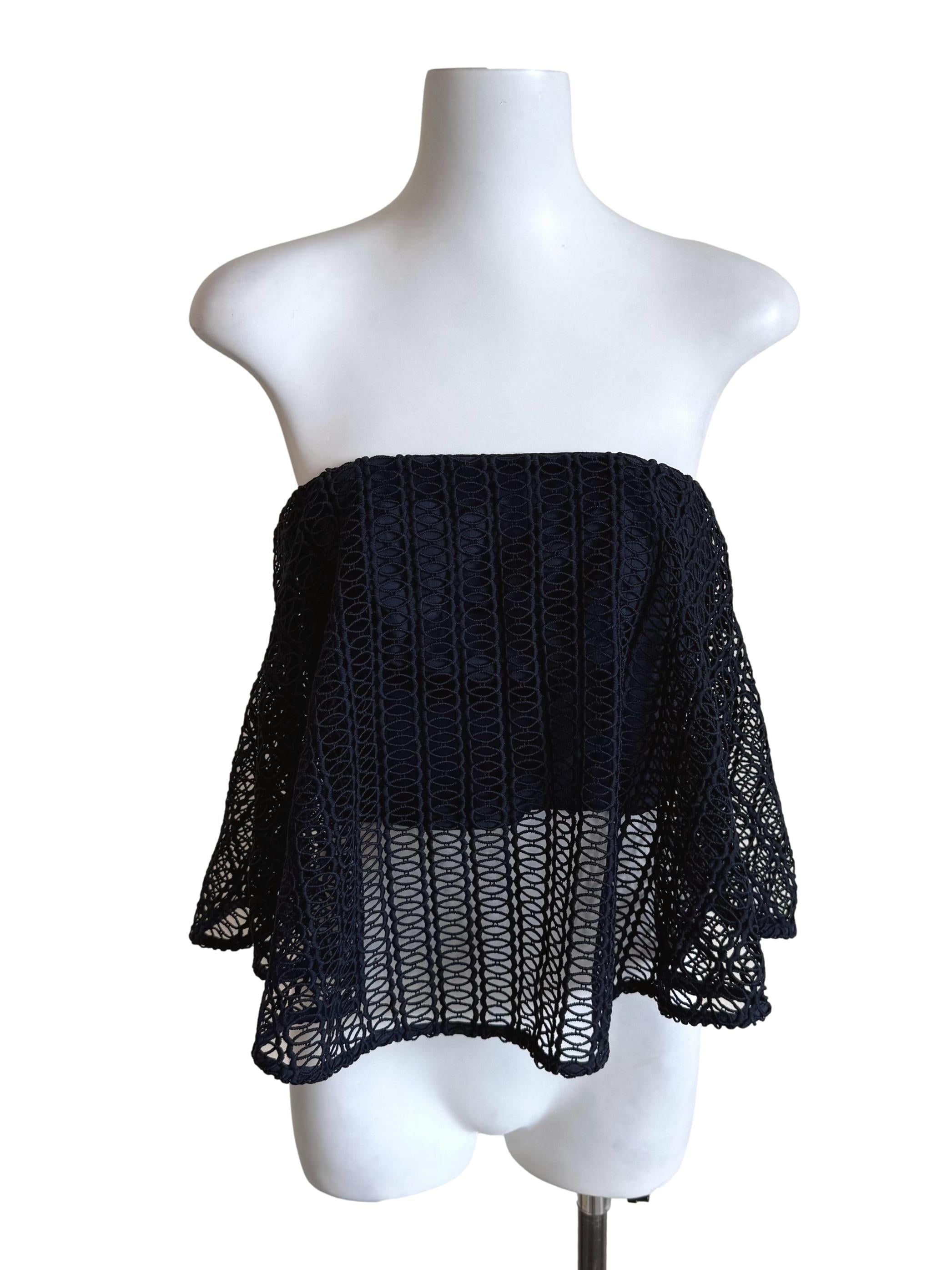 Navy Embroidery Strapless Peplum Top