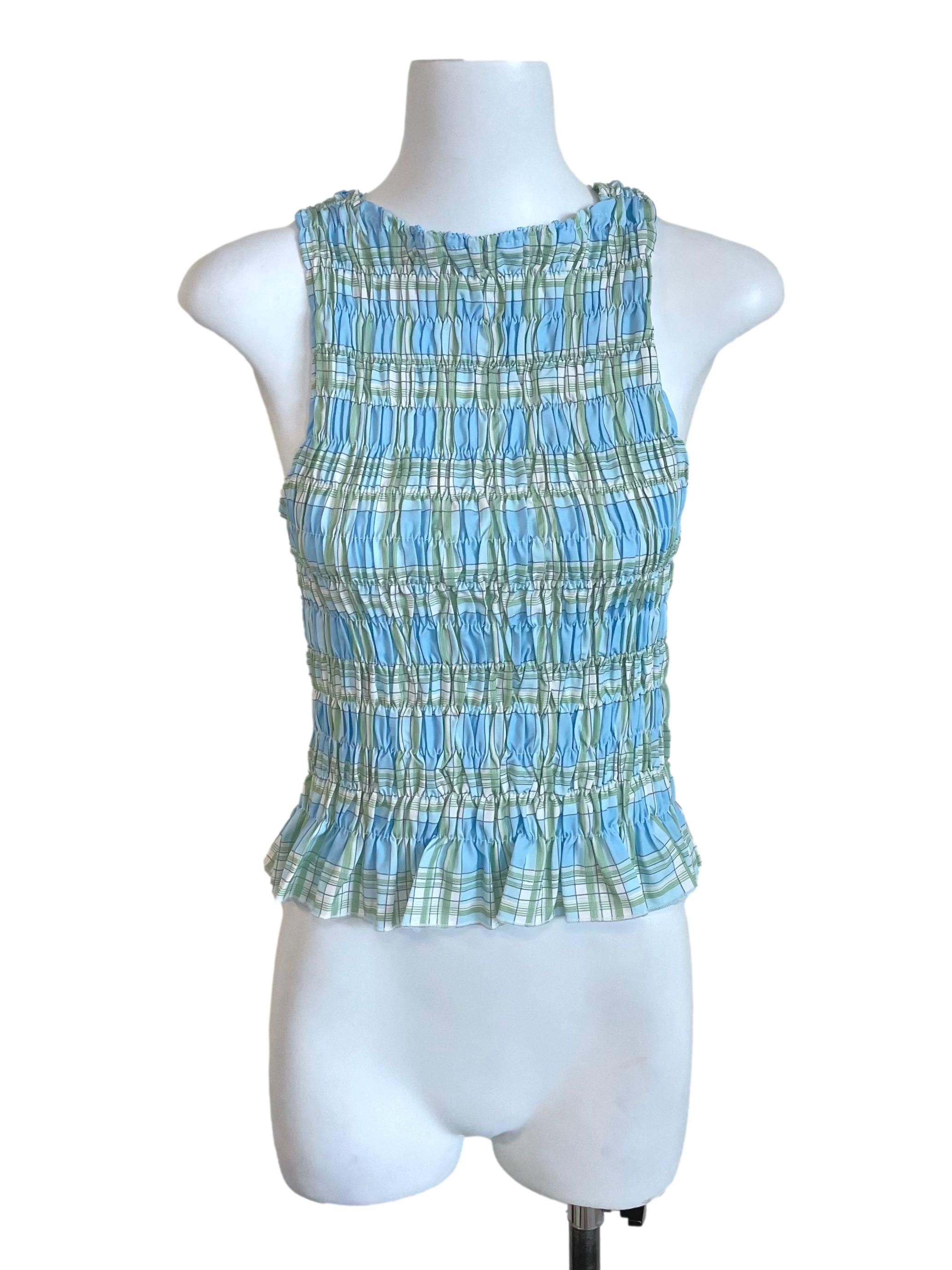 Pastel Blue Checker Scrunch Top