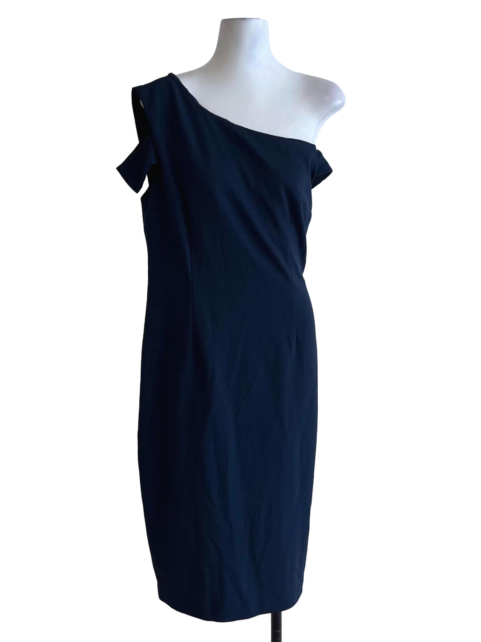 Navy Blue Asymmetrical Neckline Sheath Dress