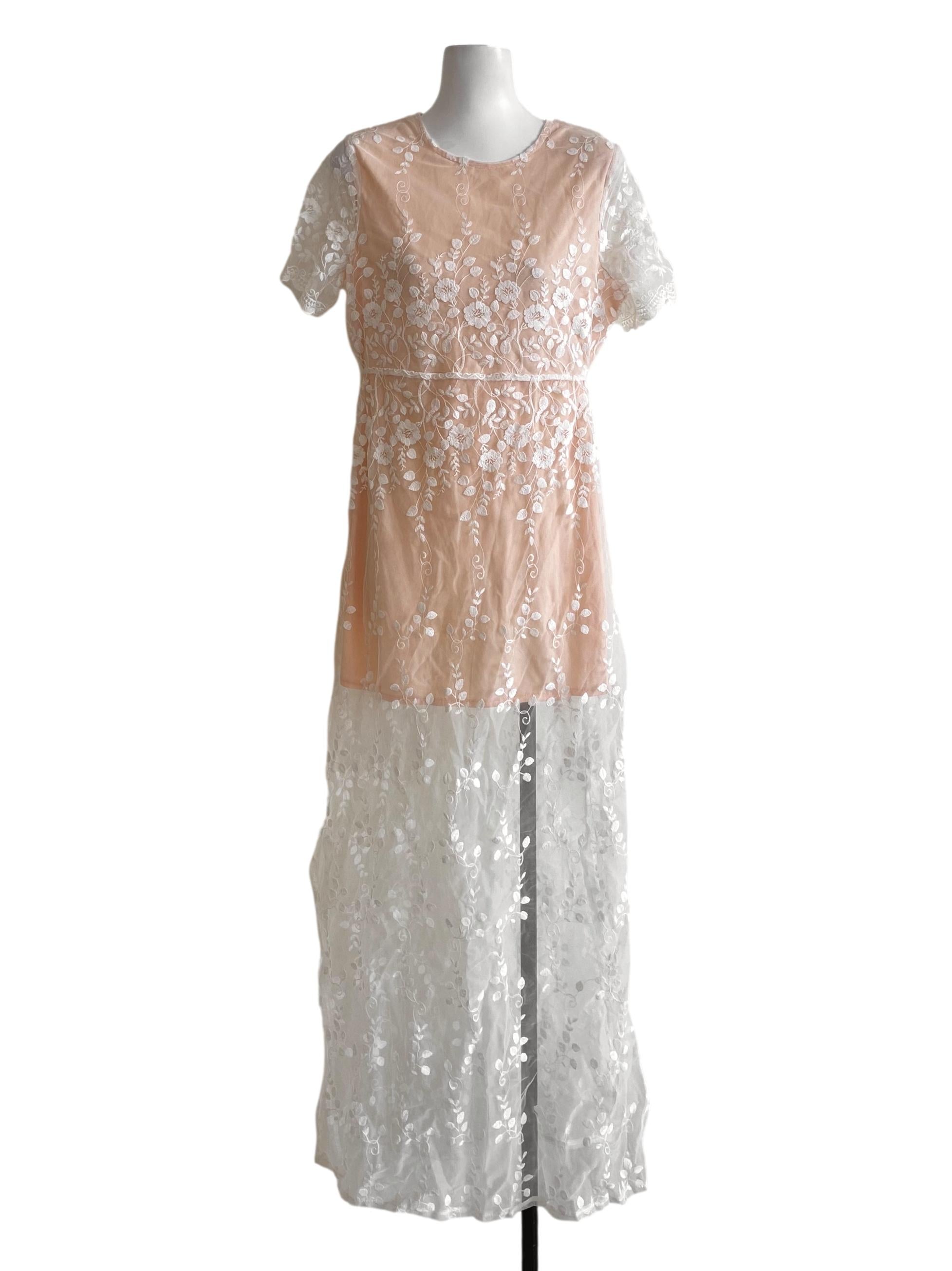 White Floral Lace Slit Empire Dress