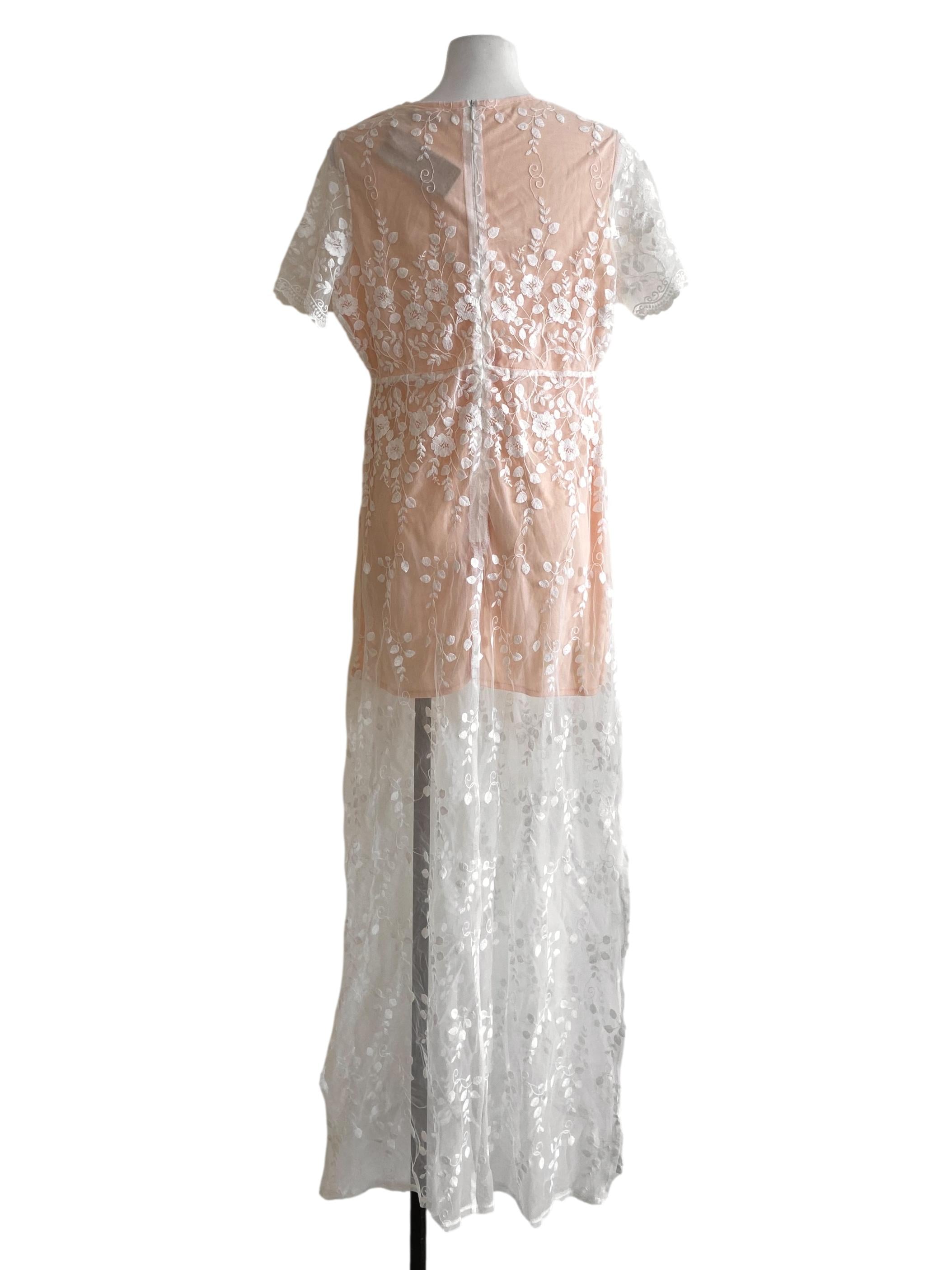 White Floral Lace Slit Empire Dress