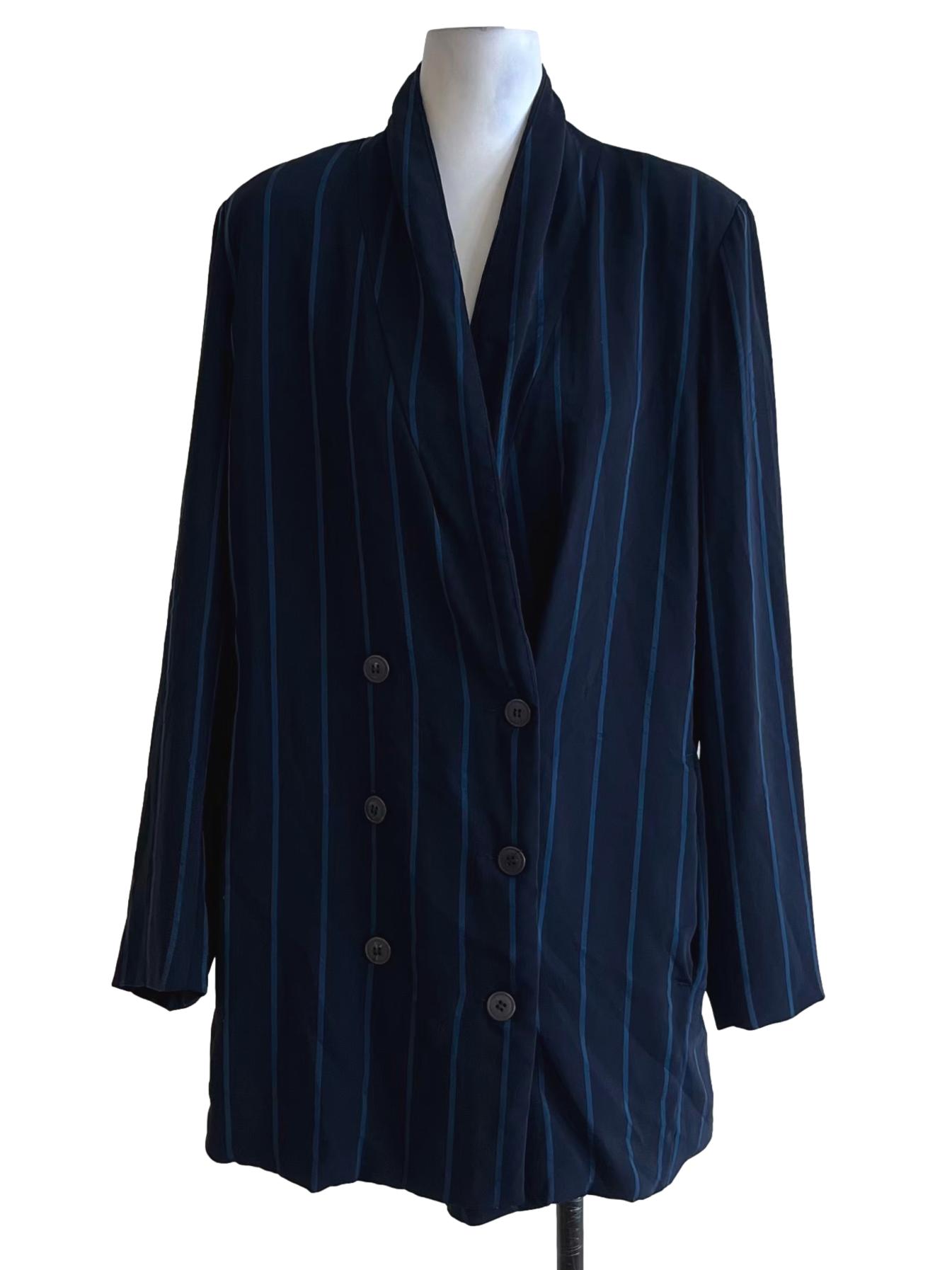 Navy Blue Awning Stripe Double-Breasted Blazer