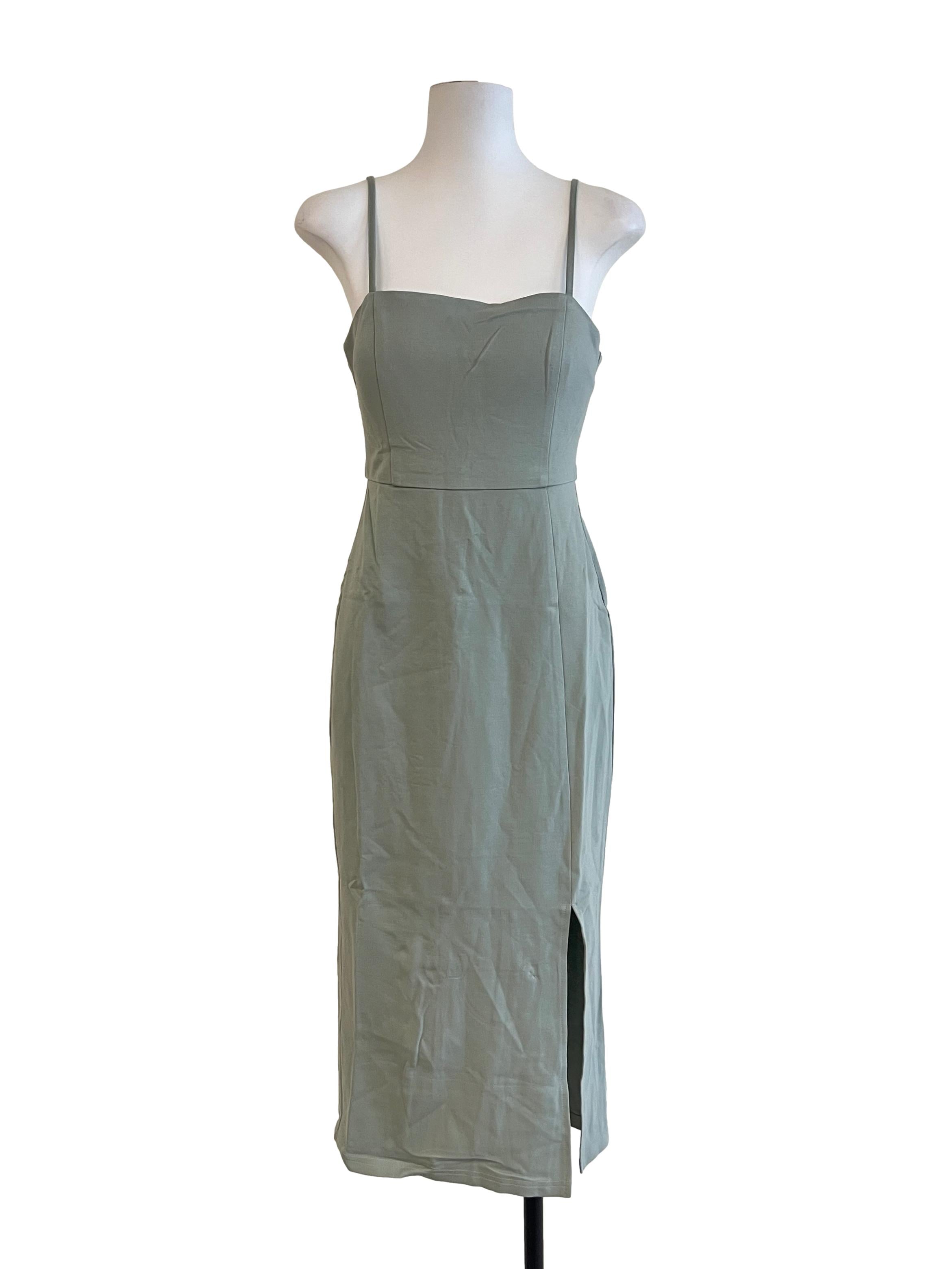 Olive Green Spaghetti Strap Slit Dress