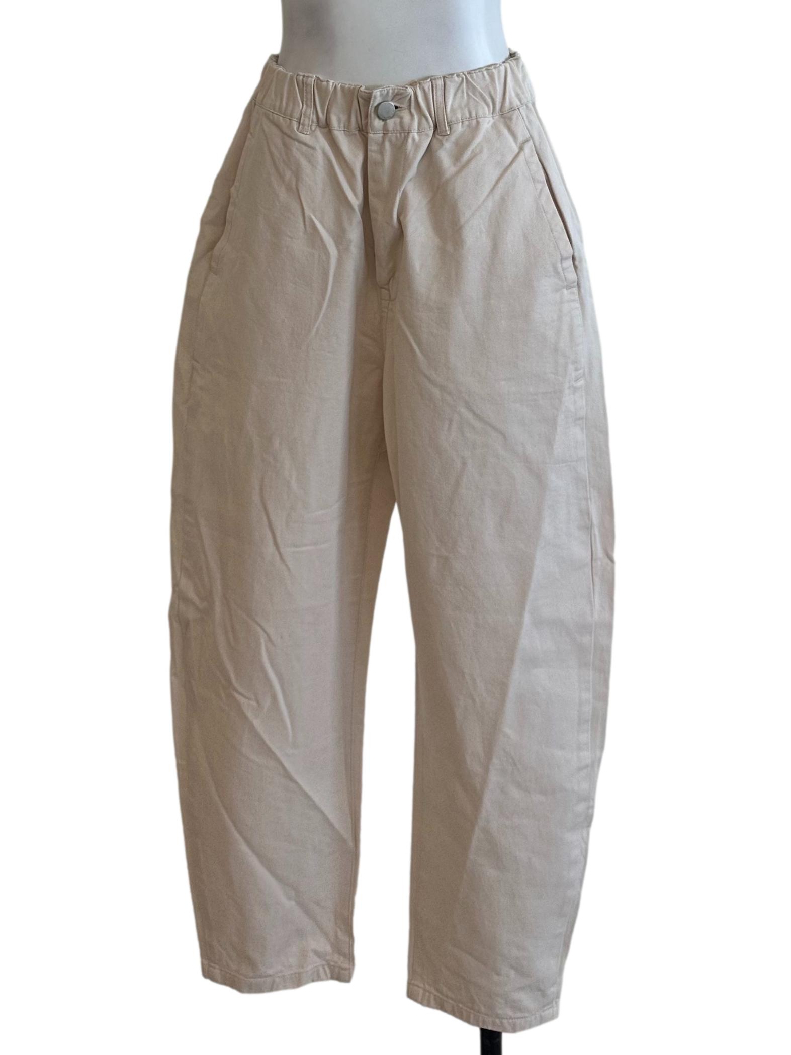 Cream Beige Elastic Waist Long Pants