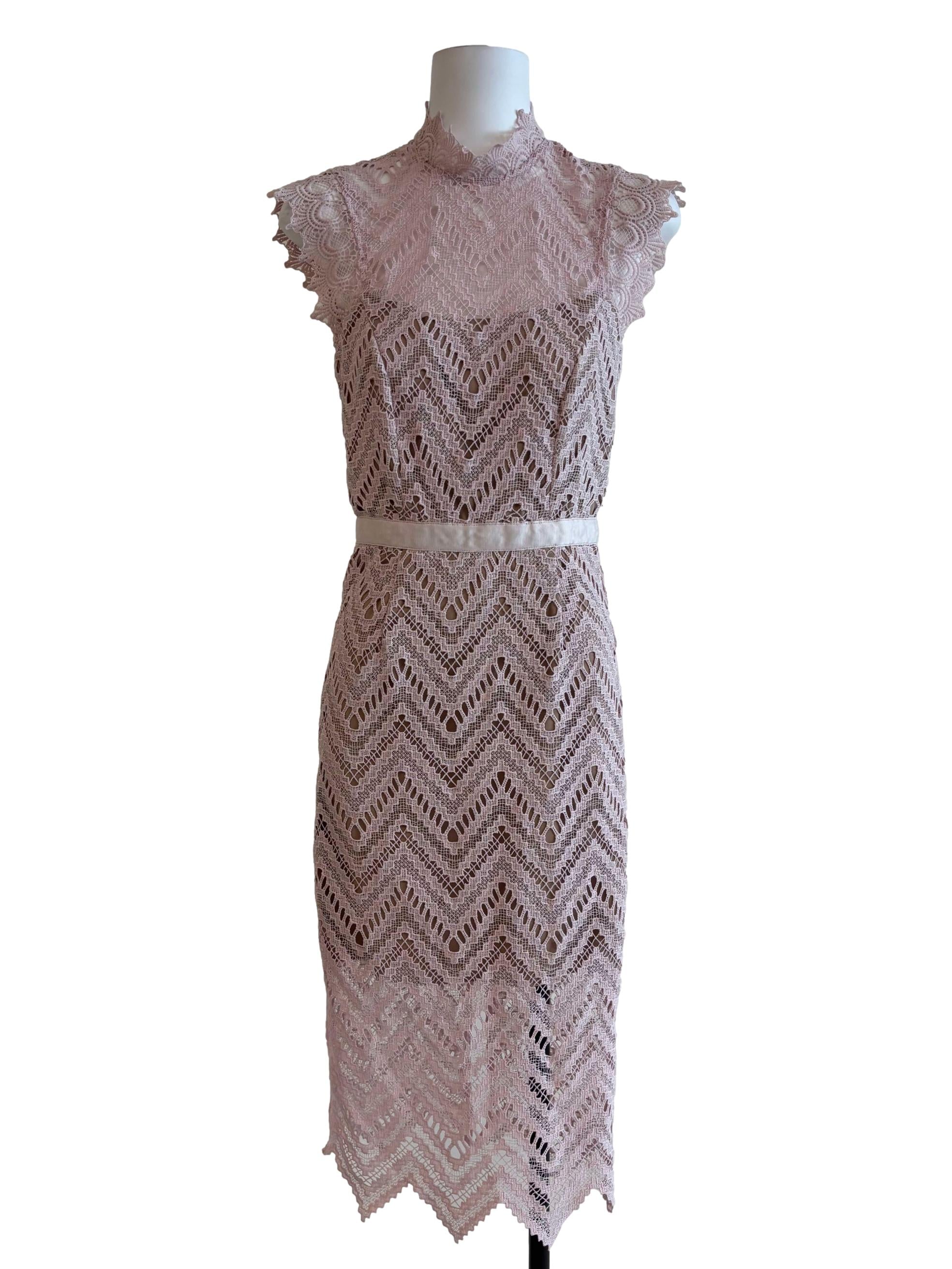Nude Pink Mock Neck Lace Dress