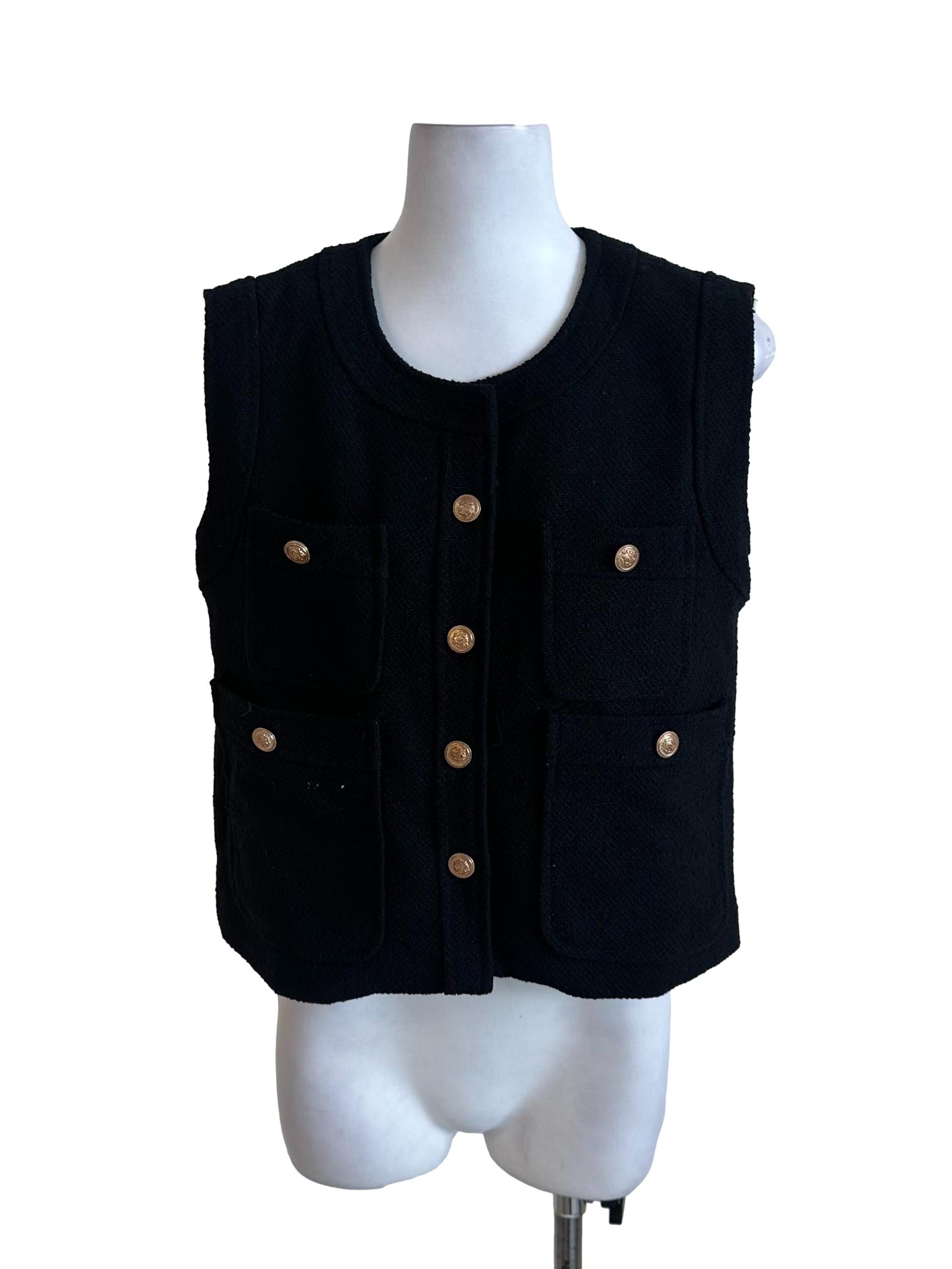 Black Tweed Textured Button Vest