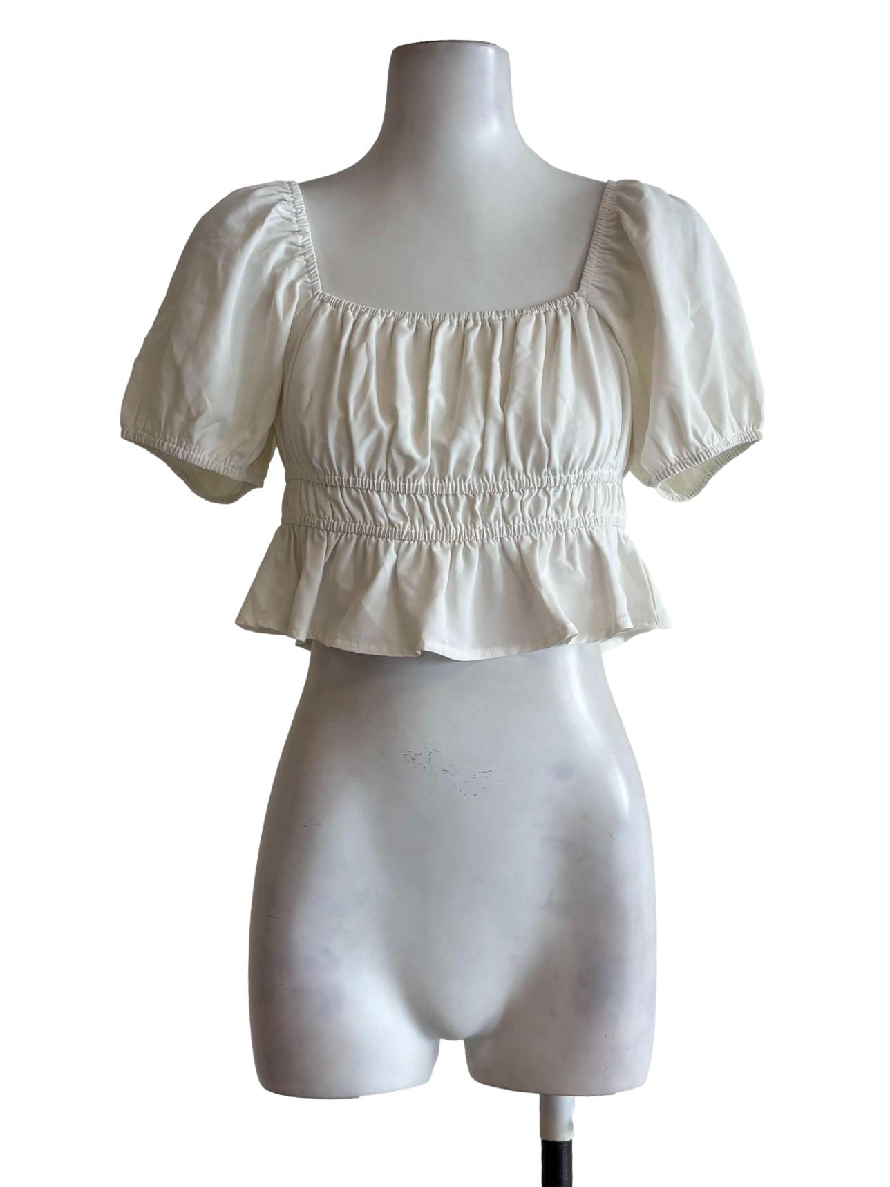Ivory White Shortsleeve Smocked Crop Top