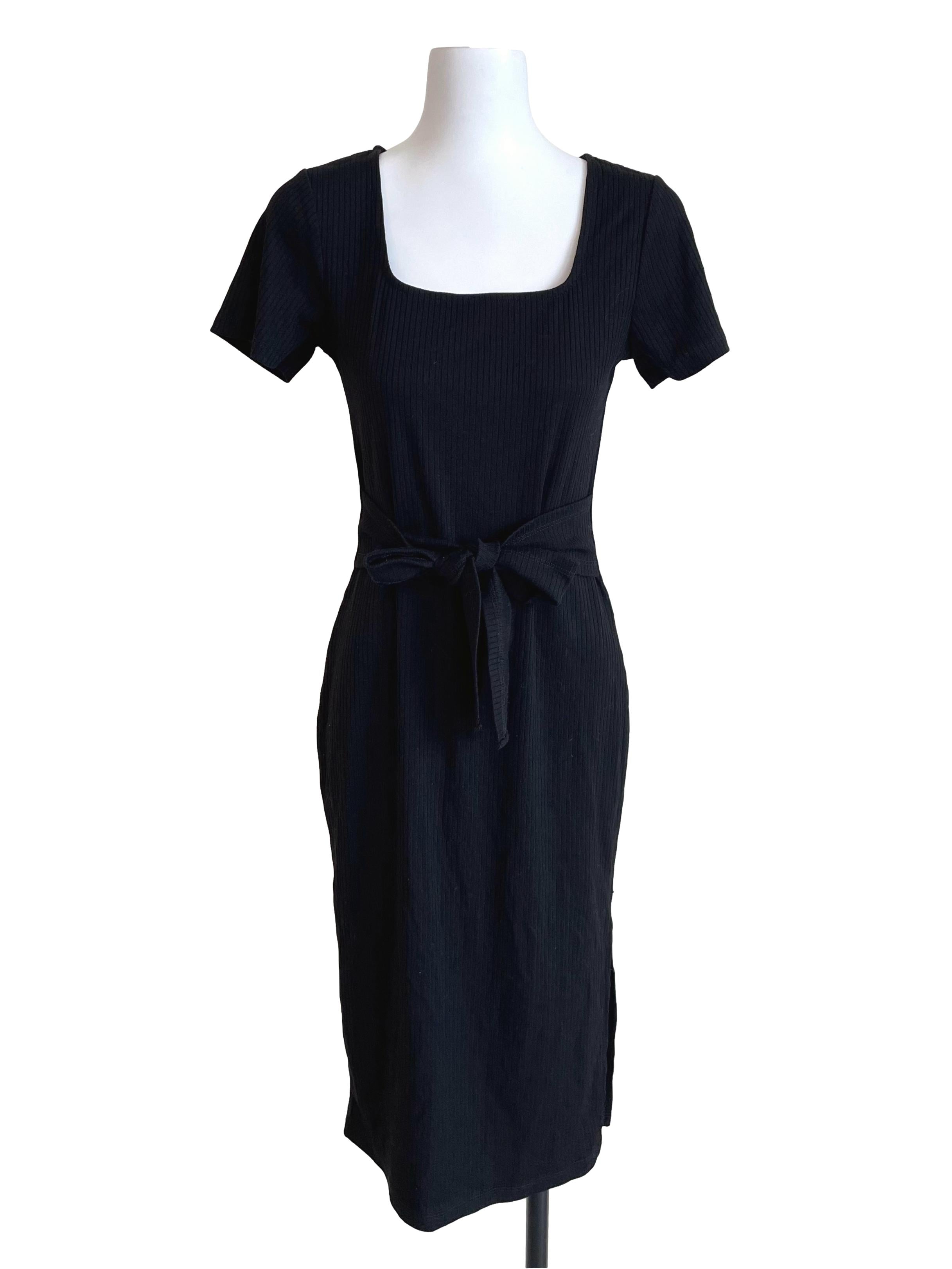 Black Ribbed Square Neck Knit Dress