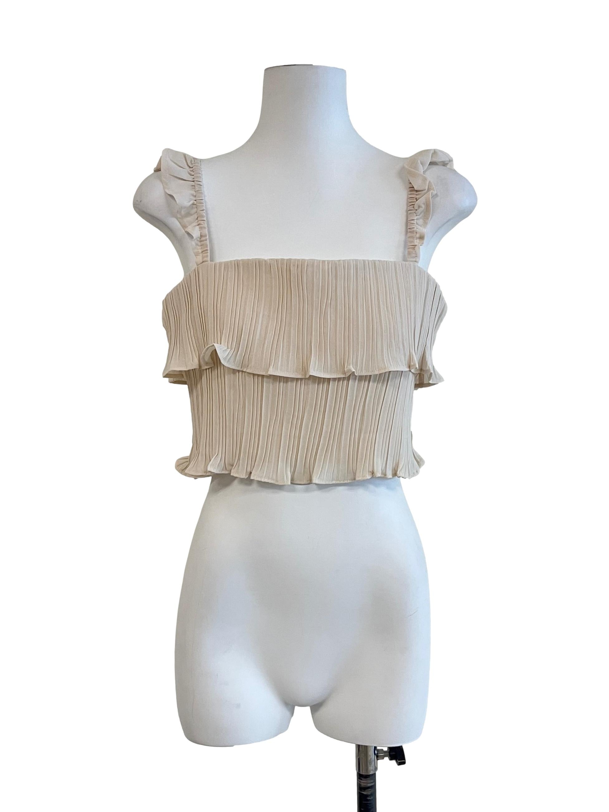 Parchment White Textured Ruffles Sleeveless Top