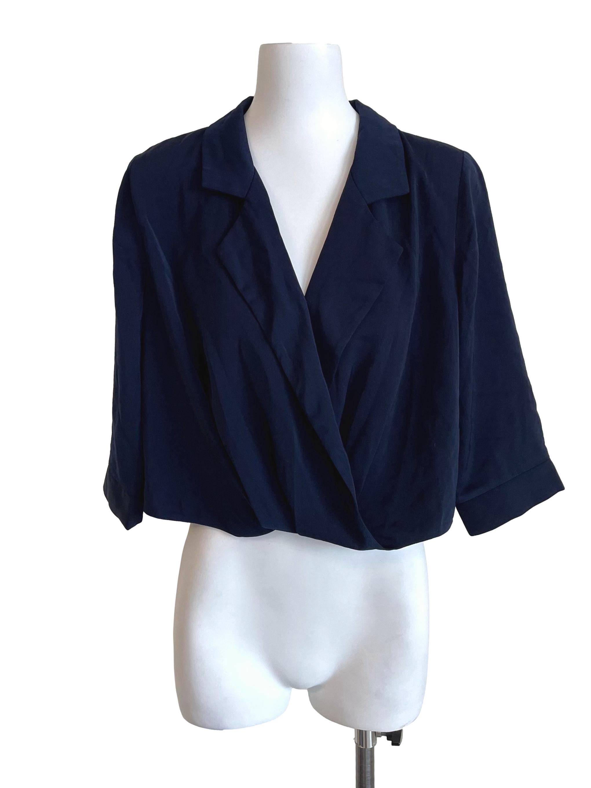 Navy Mid Sleeves Pleated Crop Shirt LB