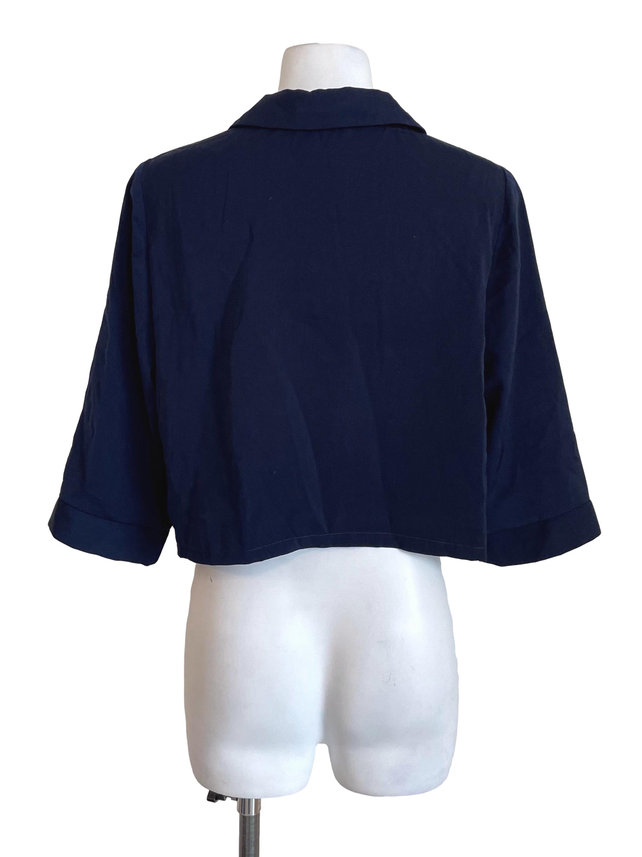 Navy Mid Sleeves Pleated Crop Shirt LB
