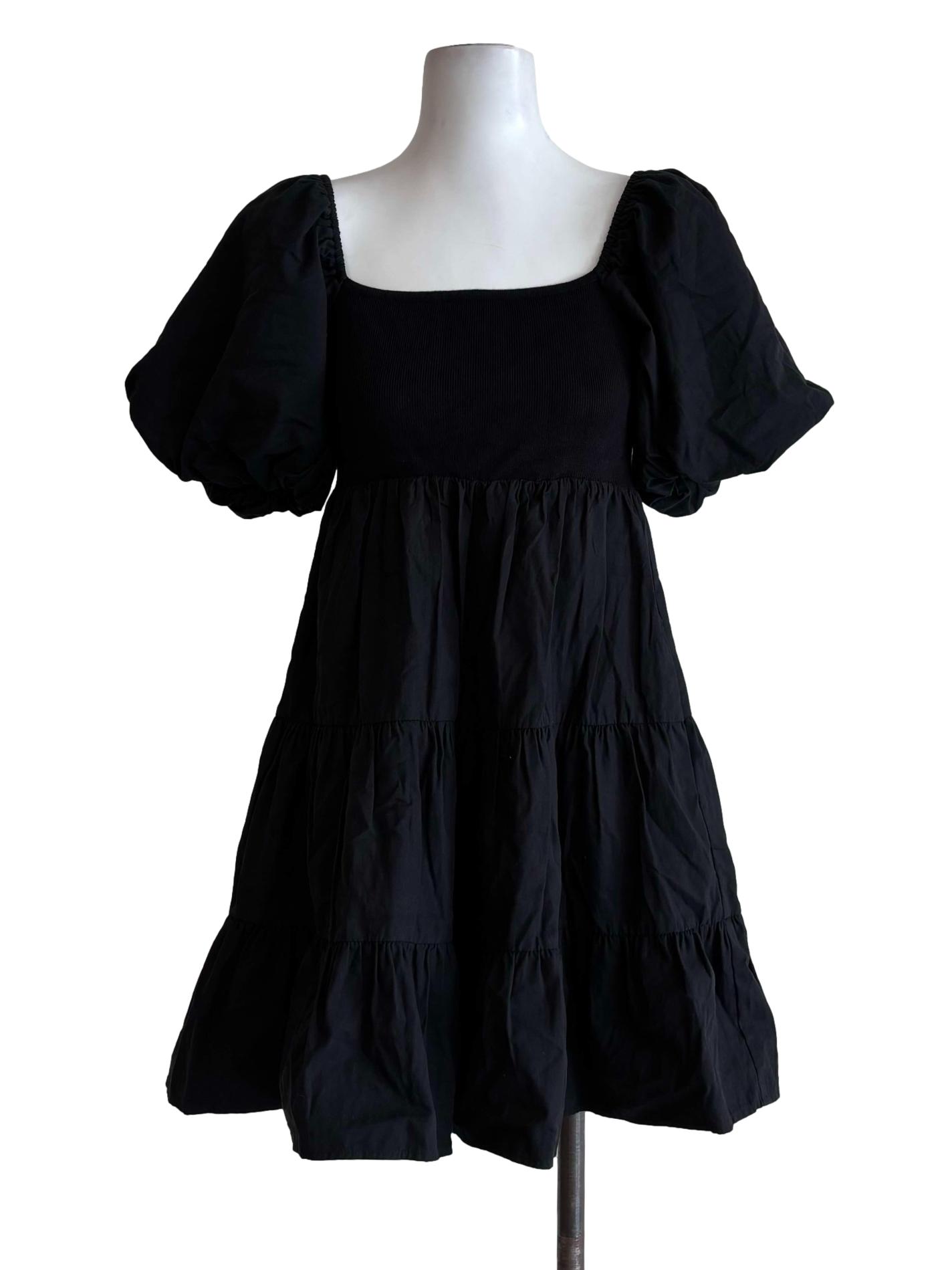 Soft Black Short Puff Sleeve A-Line Dress
