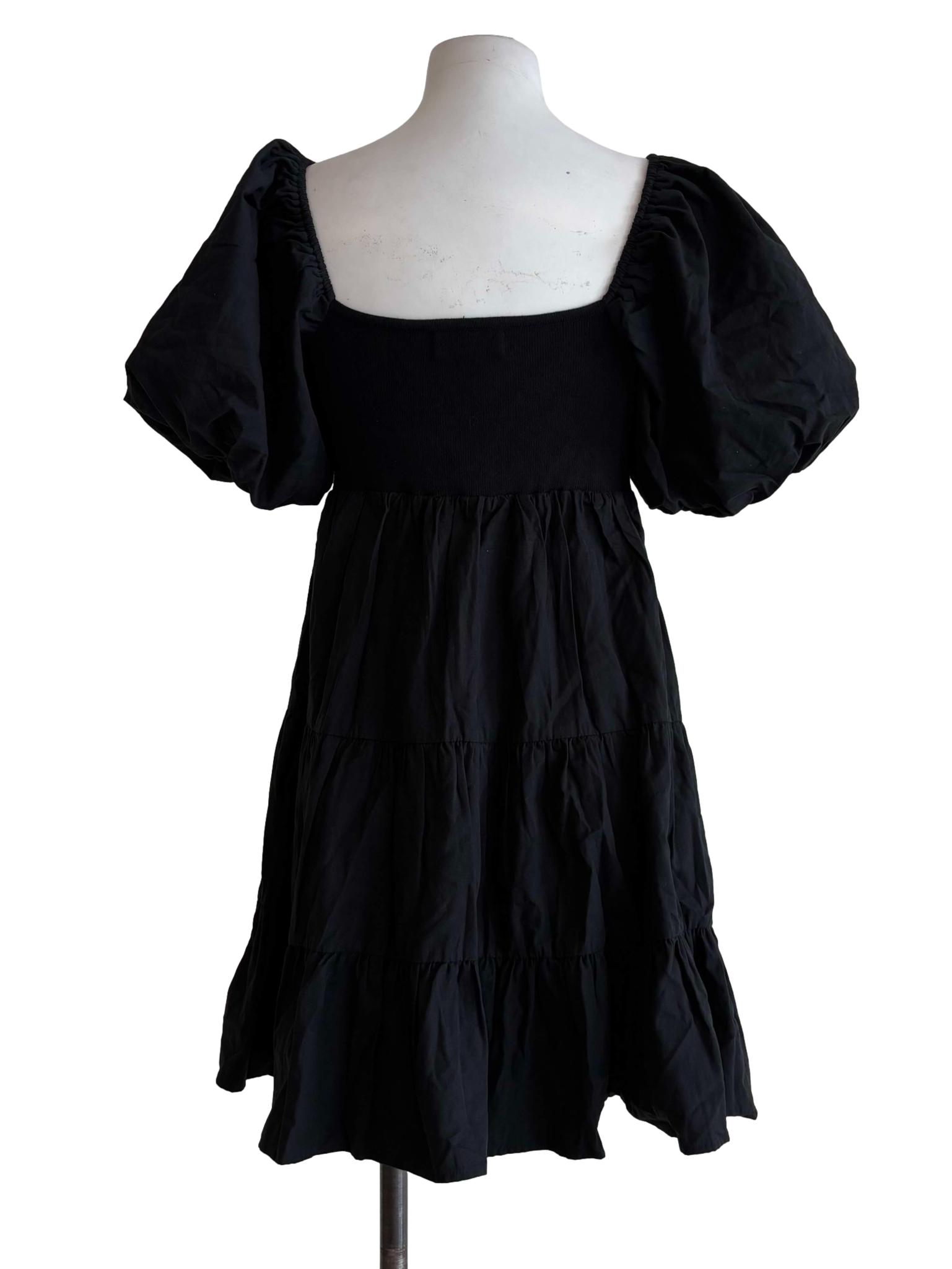 Soft Black Short Puff Sleeve A-Line Dress