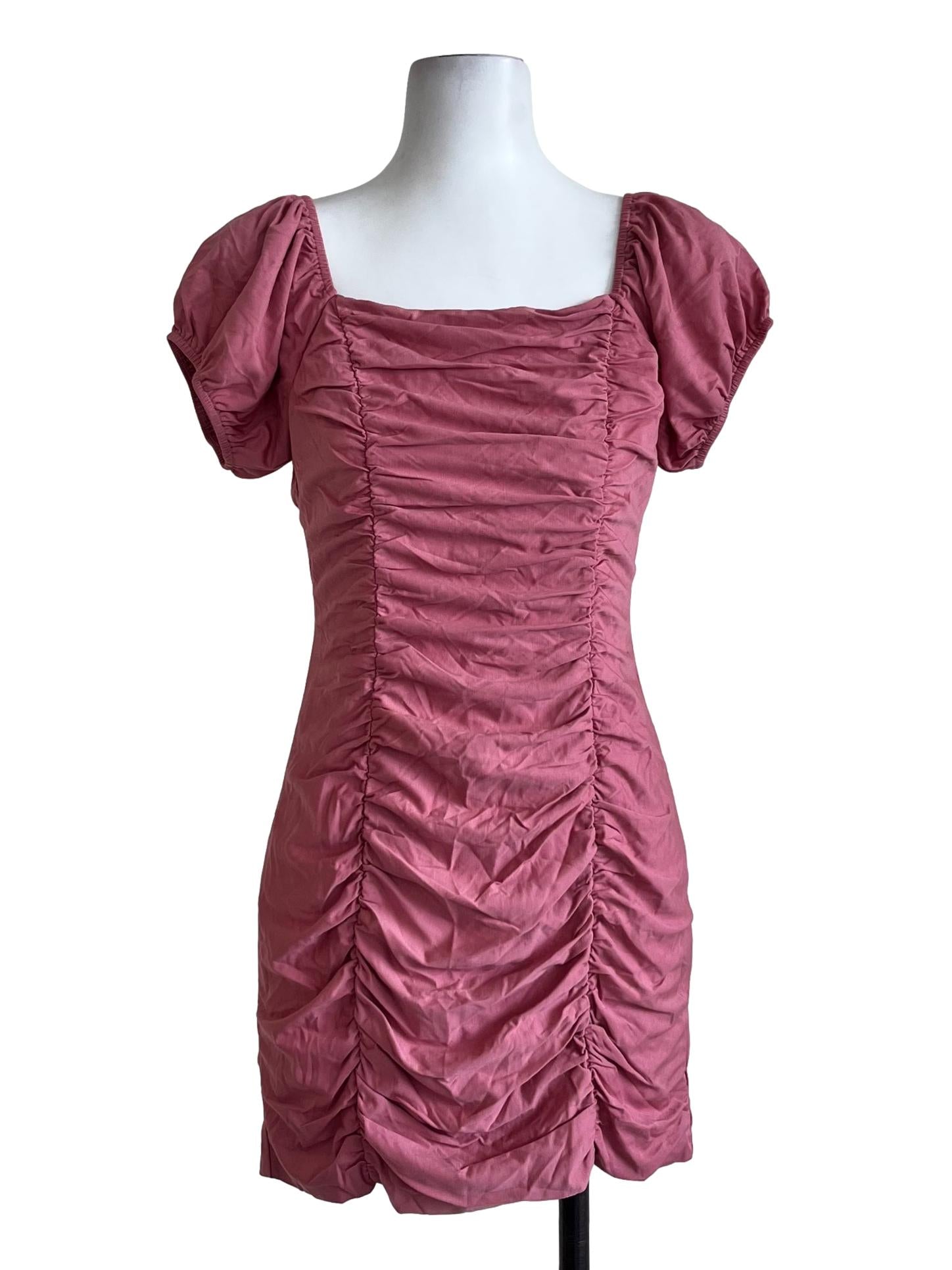 Pink Plain Square Neck Short Sleeves Dress