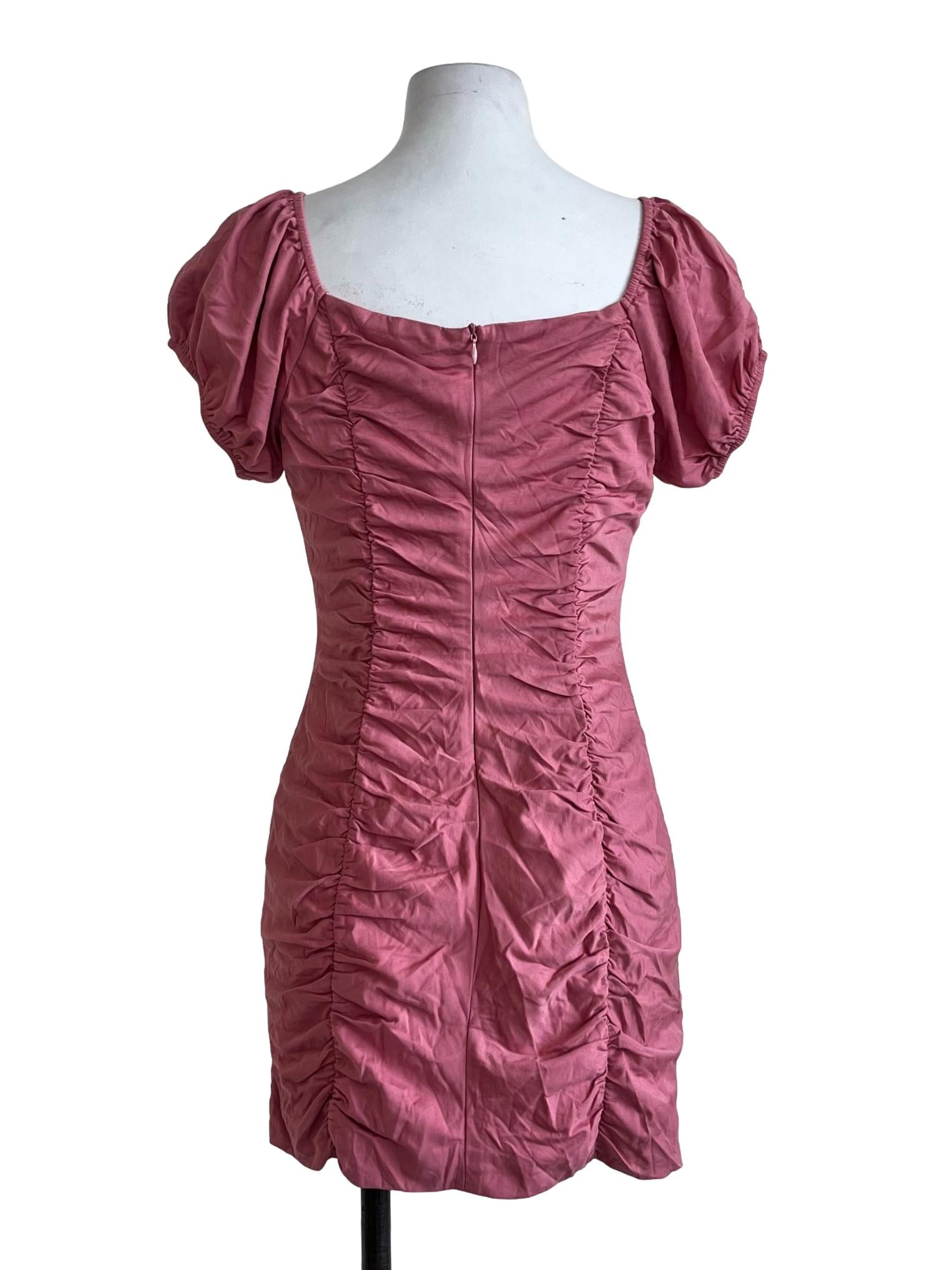 Pink Plain Square Neck Short Sleeves Dress
