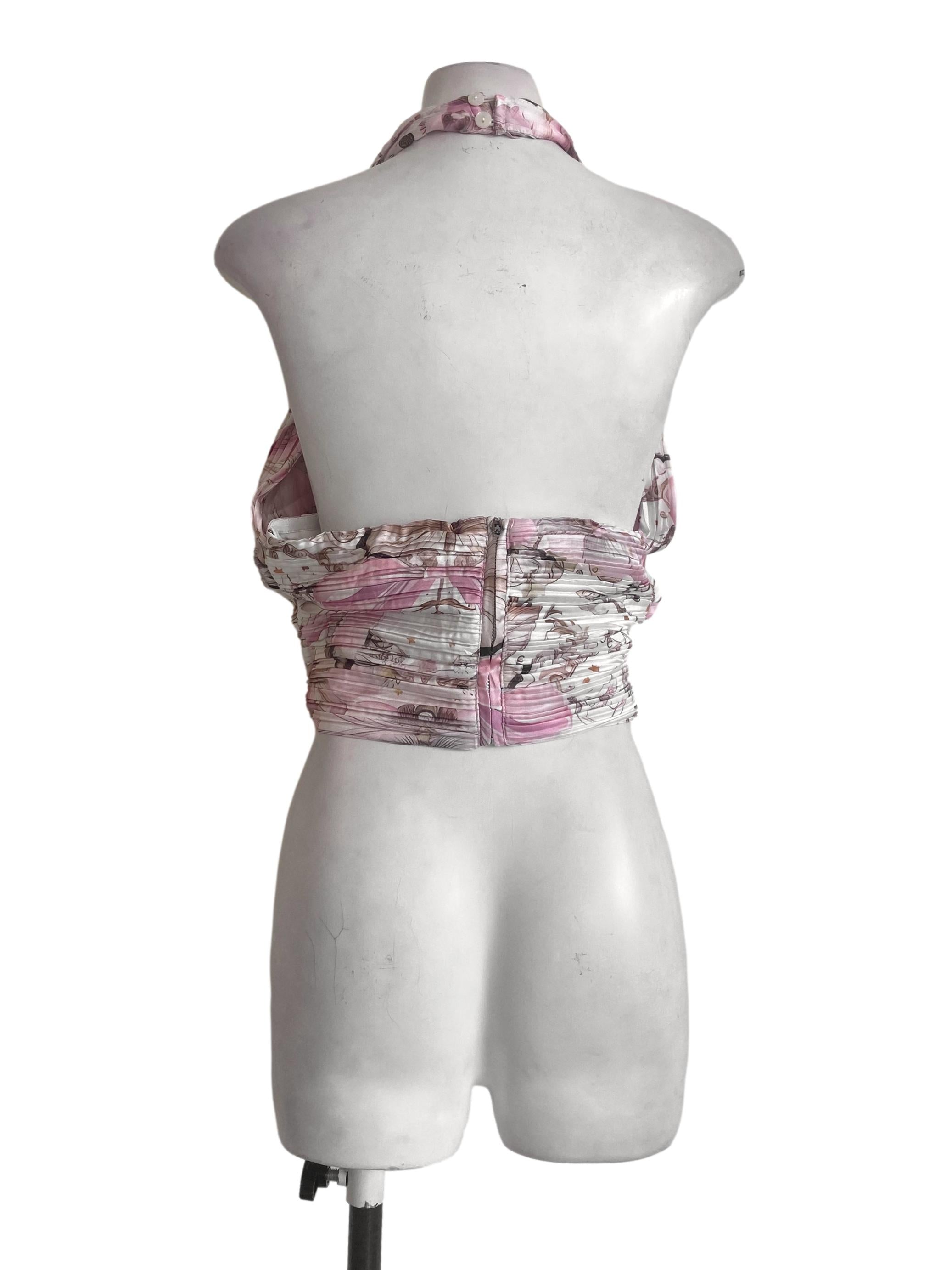 White & Pink Floral Halter Neck Crop Top