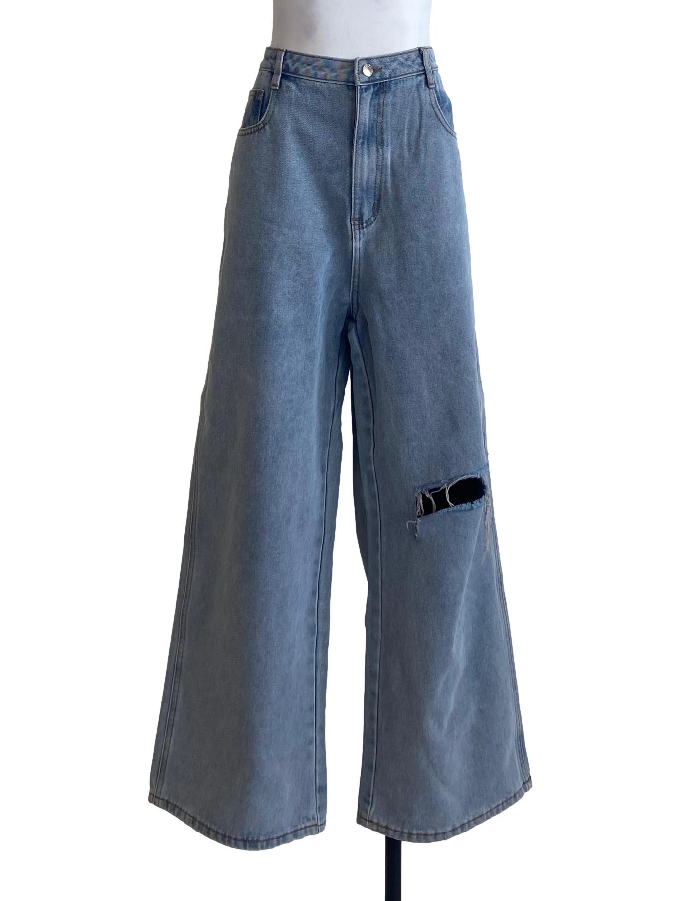 Blue Herringbone Distressed Straight Jeans