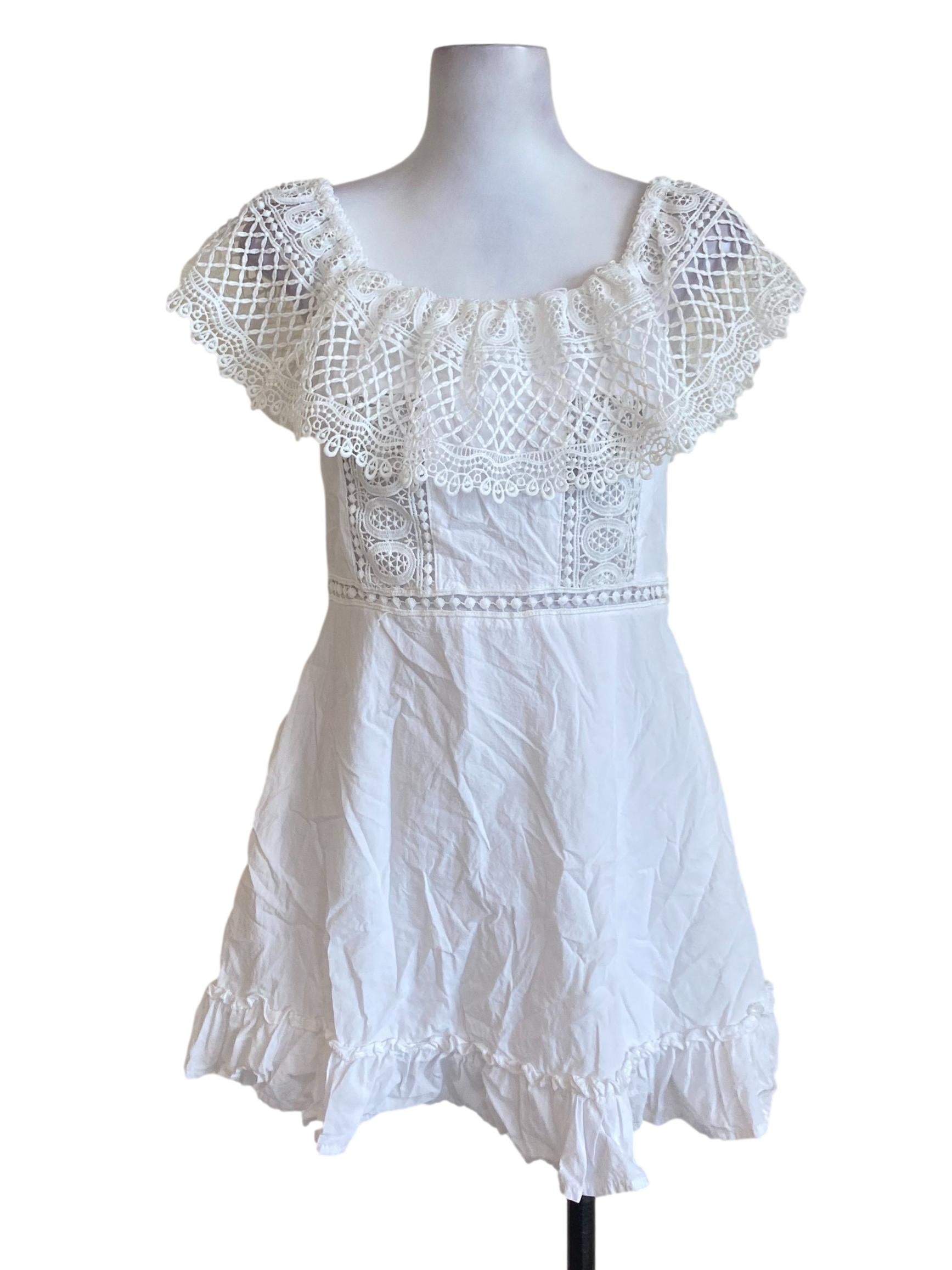 White Lace Shawl Ruffle End A-Line Dress