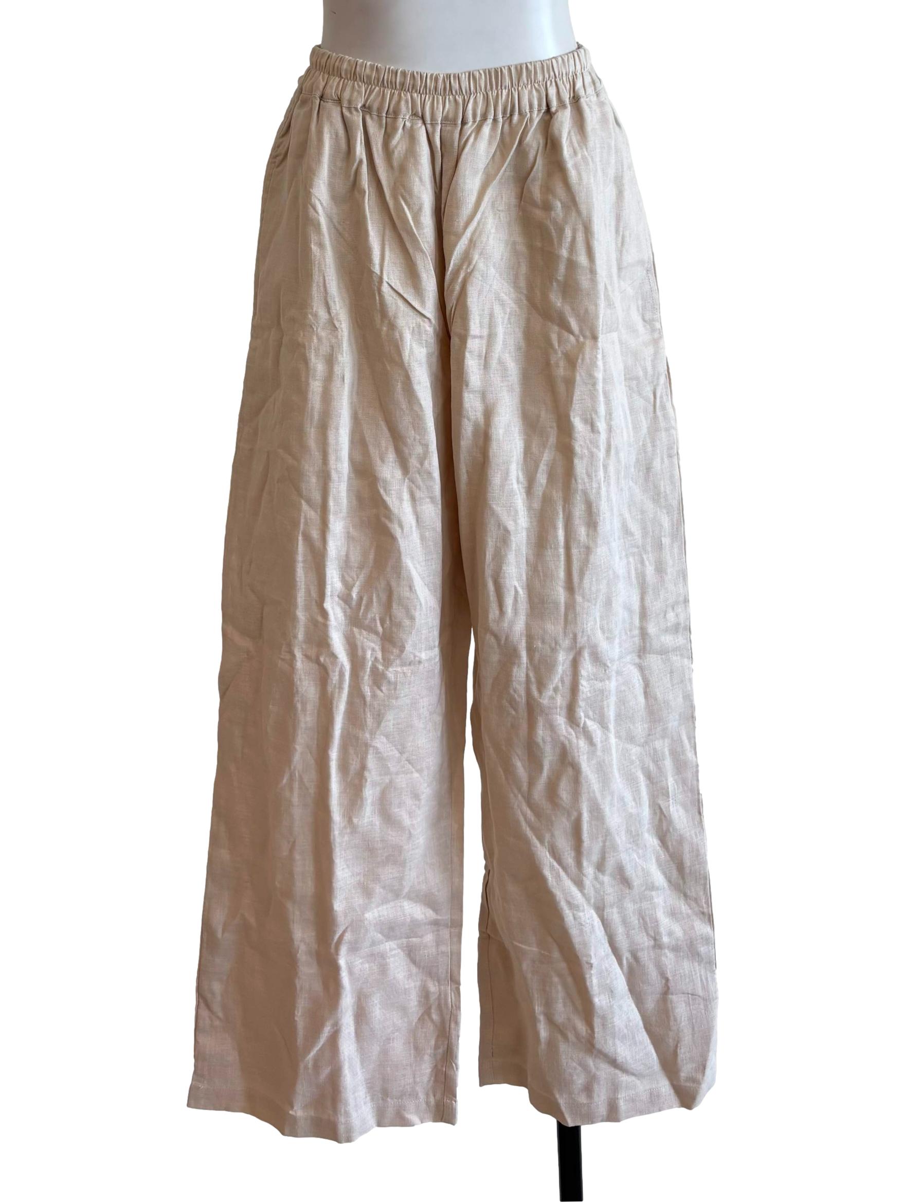 Cream Elastic Waist Linen Pant