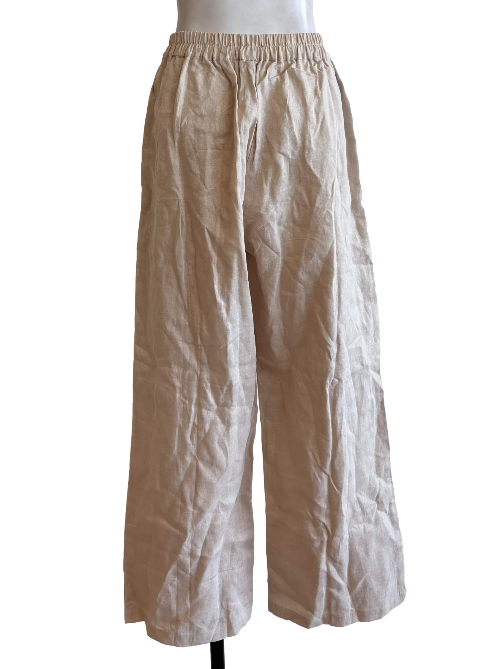 Cream Elastic Waist Linen Pant