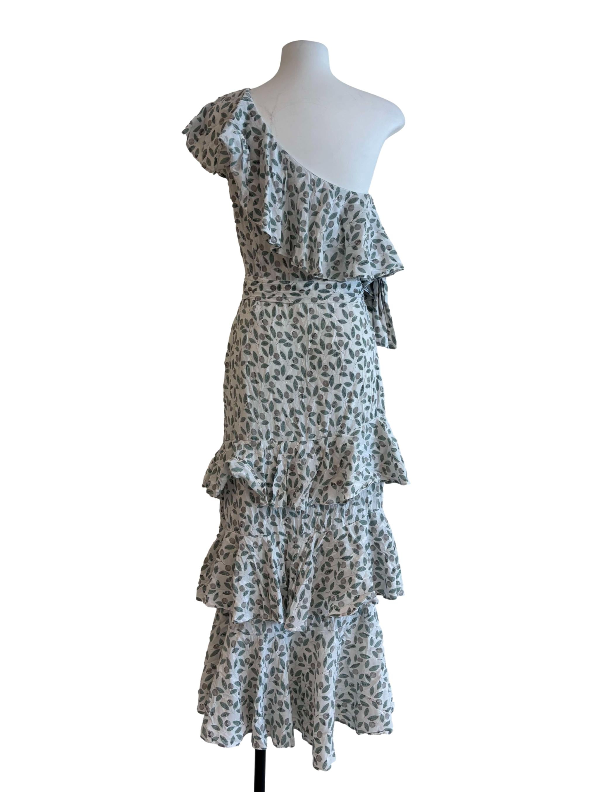 Powder White Leaf Print Tier Dress
