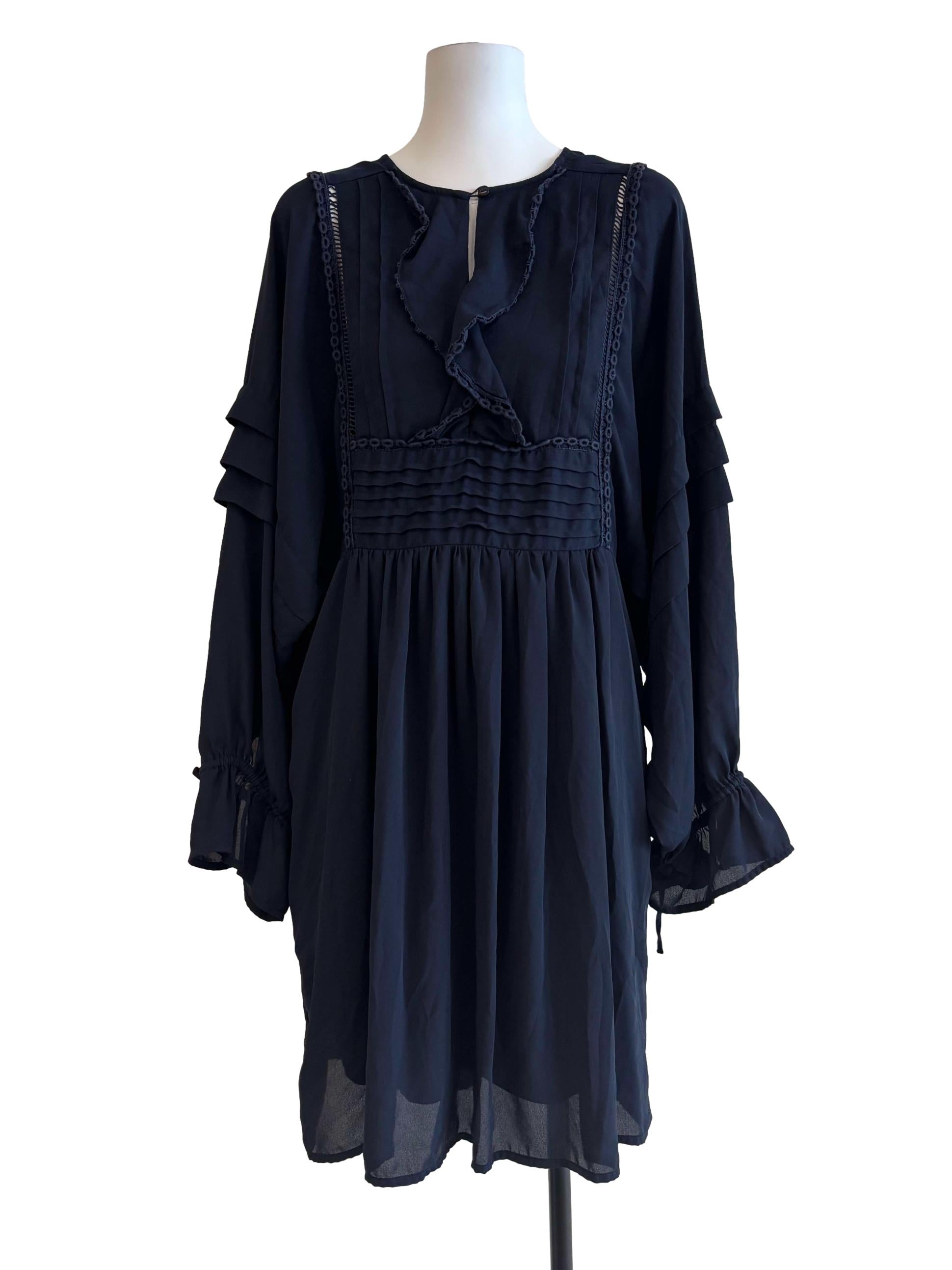 Navy Blue Long Sleeve Chiffon Dress