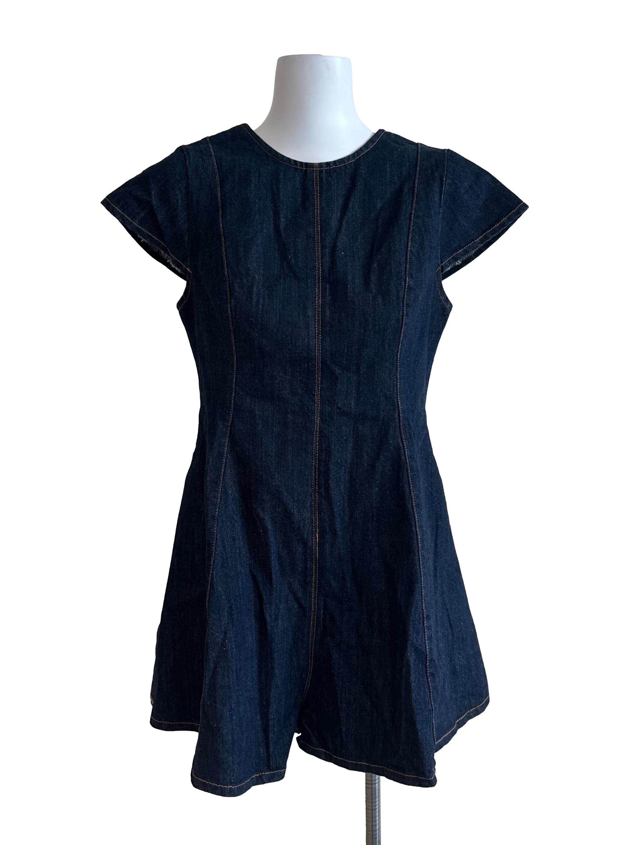 Dark Blue Denim Round Neck Romper