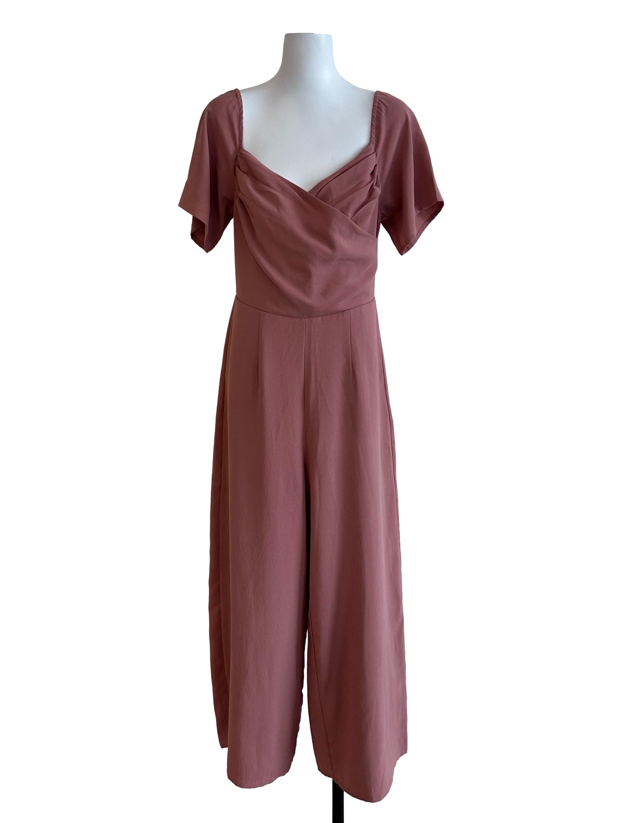 Rose Pink Overlap V Neck Jumpsuit