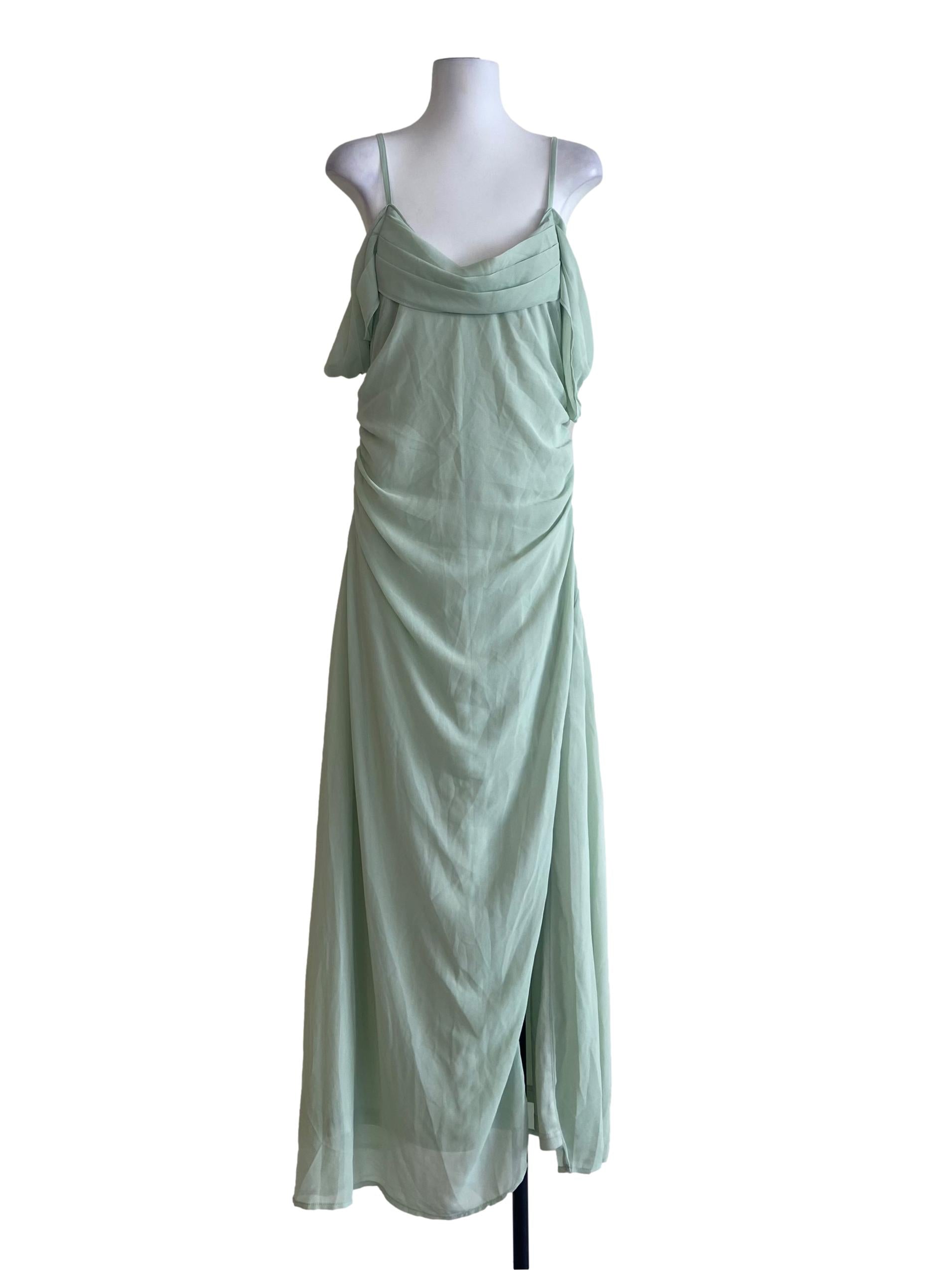 Green Drop Shoulder Slit Empire Dress