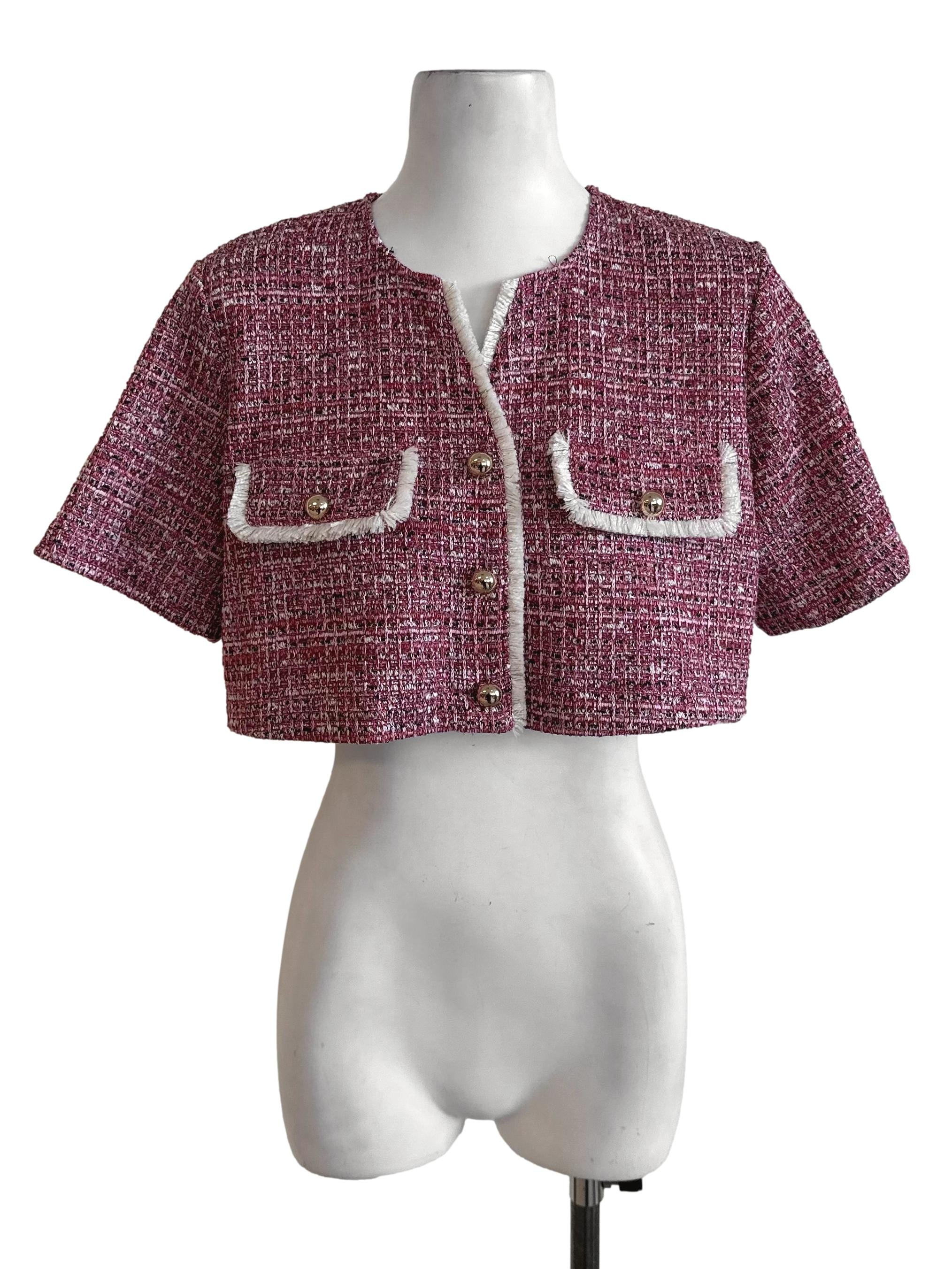 Fushia Pink Tweed Textured Crop Top LB