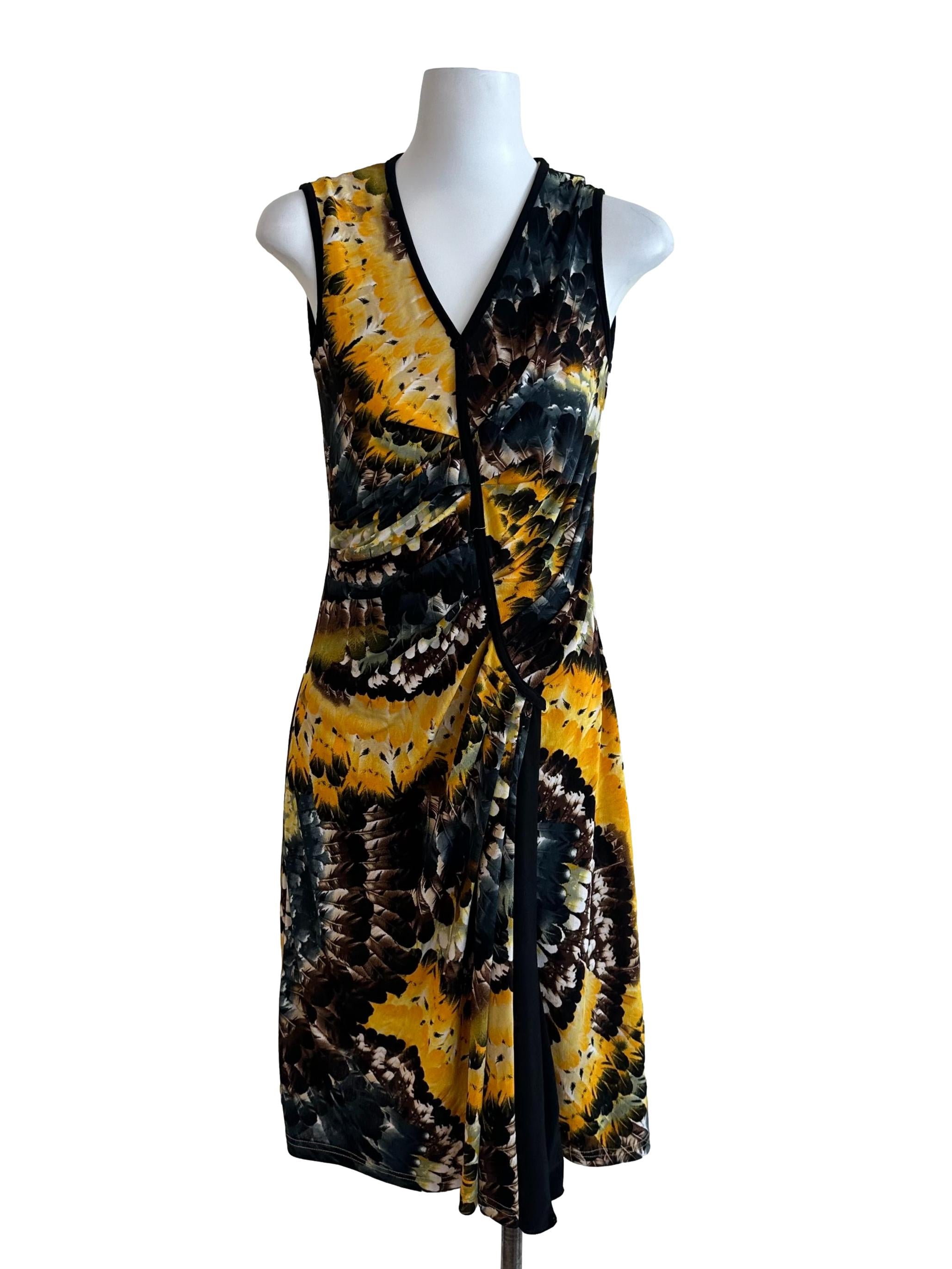 Mustard Yellow Pattern V Neck Ruched Dress