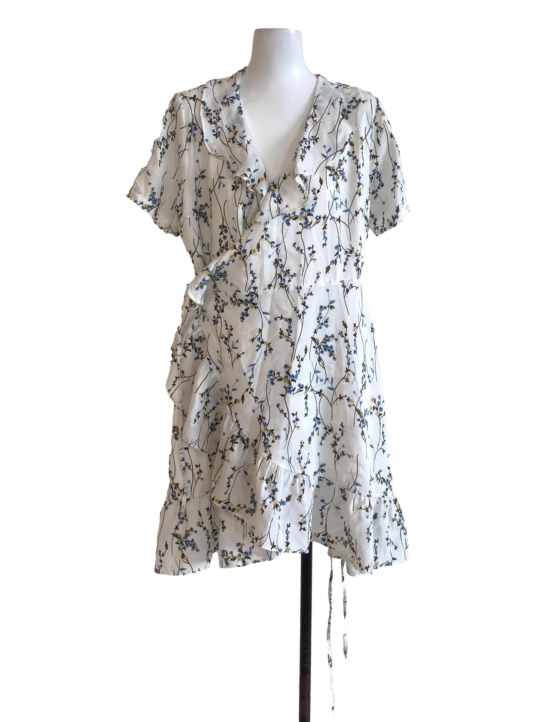 White Floral V Neck Wrap Ruffle Dress
